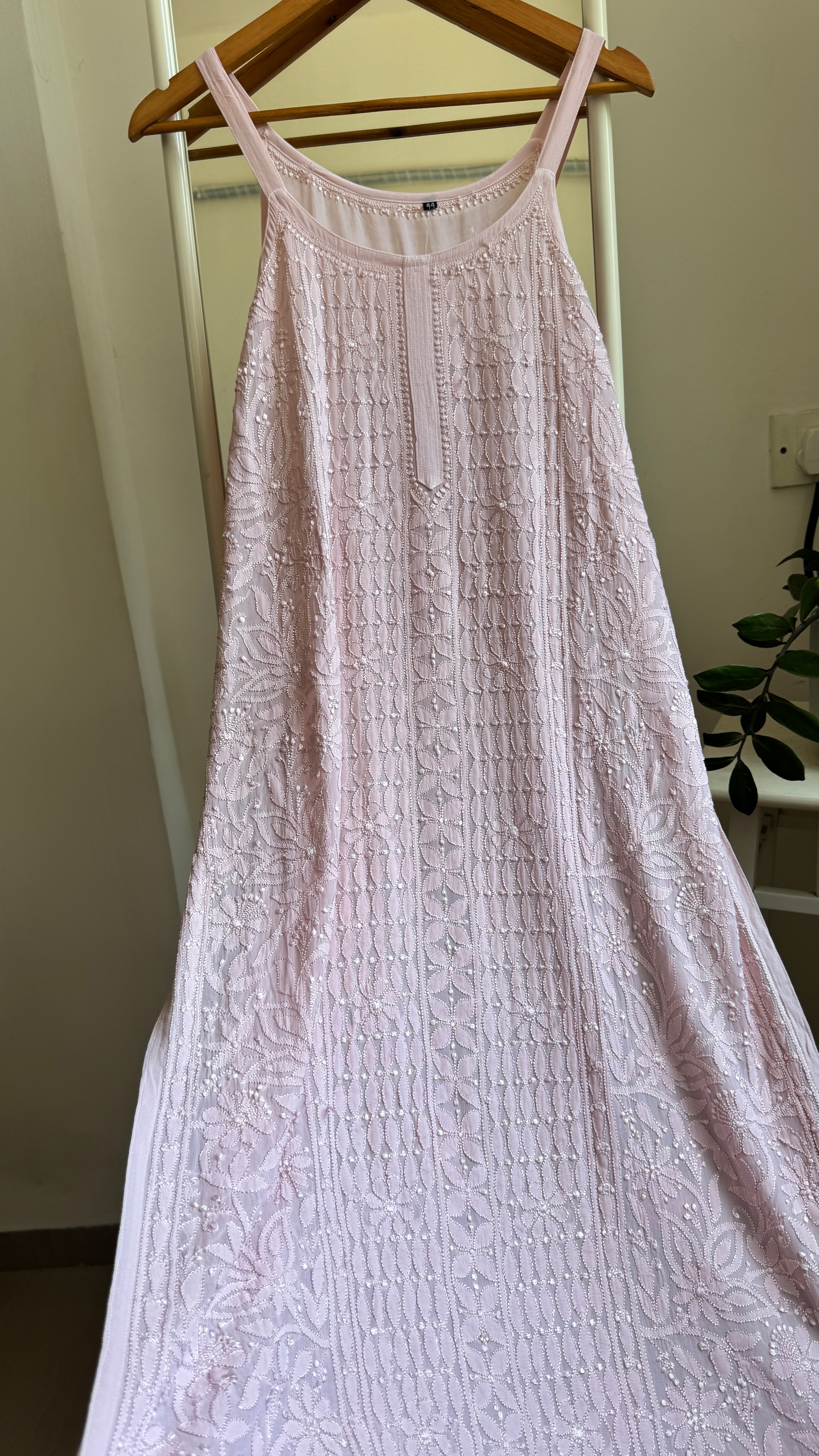 Noodle Strap Chikankari Kurti Long - Pale Pink -Rose Collection
