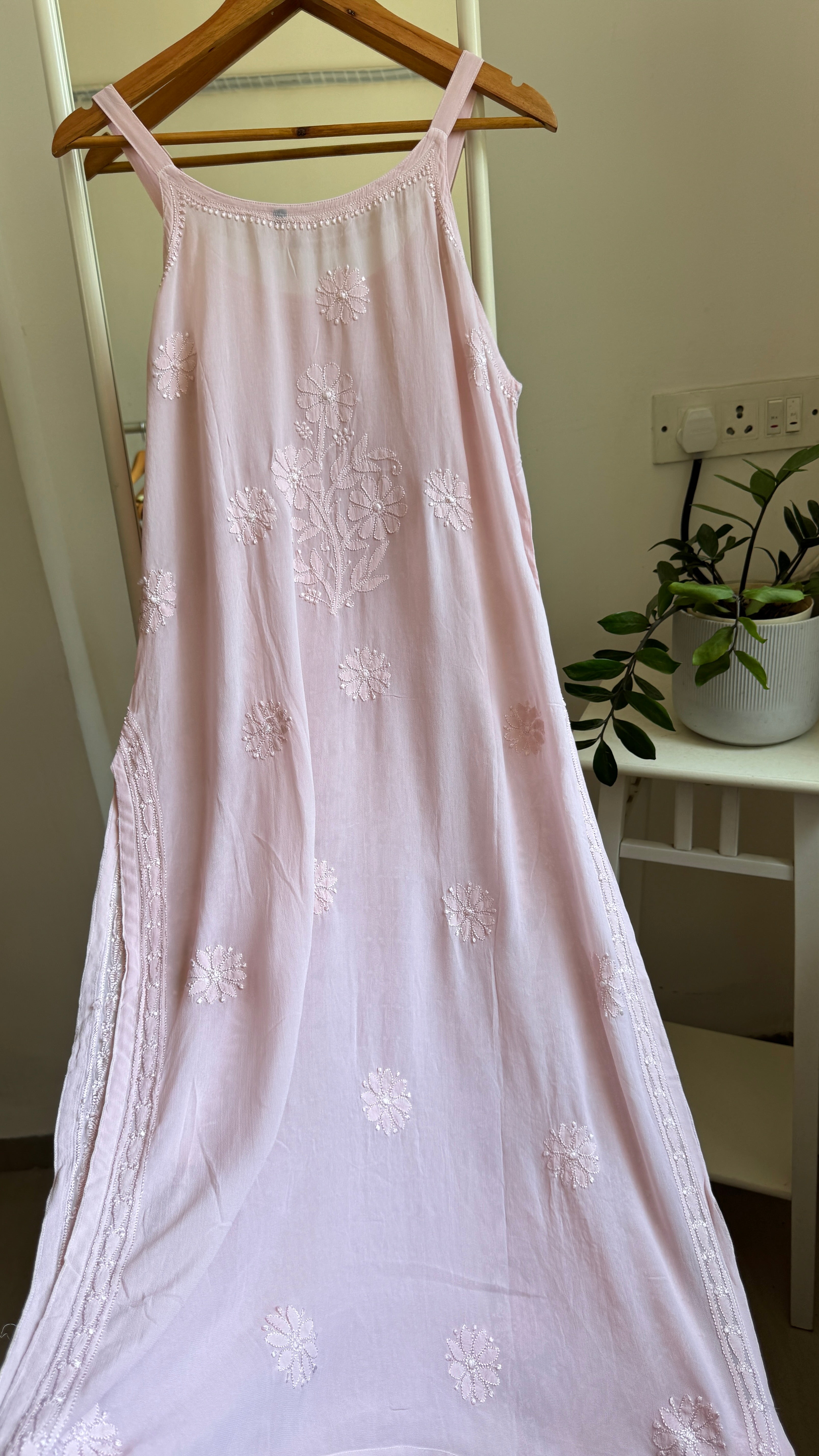 Noodle Strap Chikankari Kurti Long - Pale Pink -Rose Collection