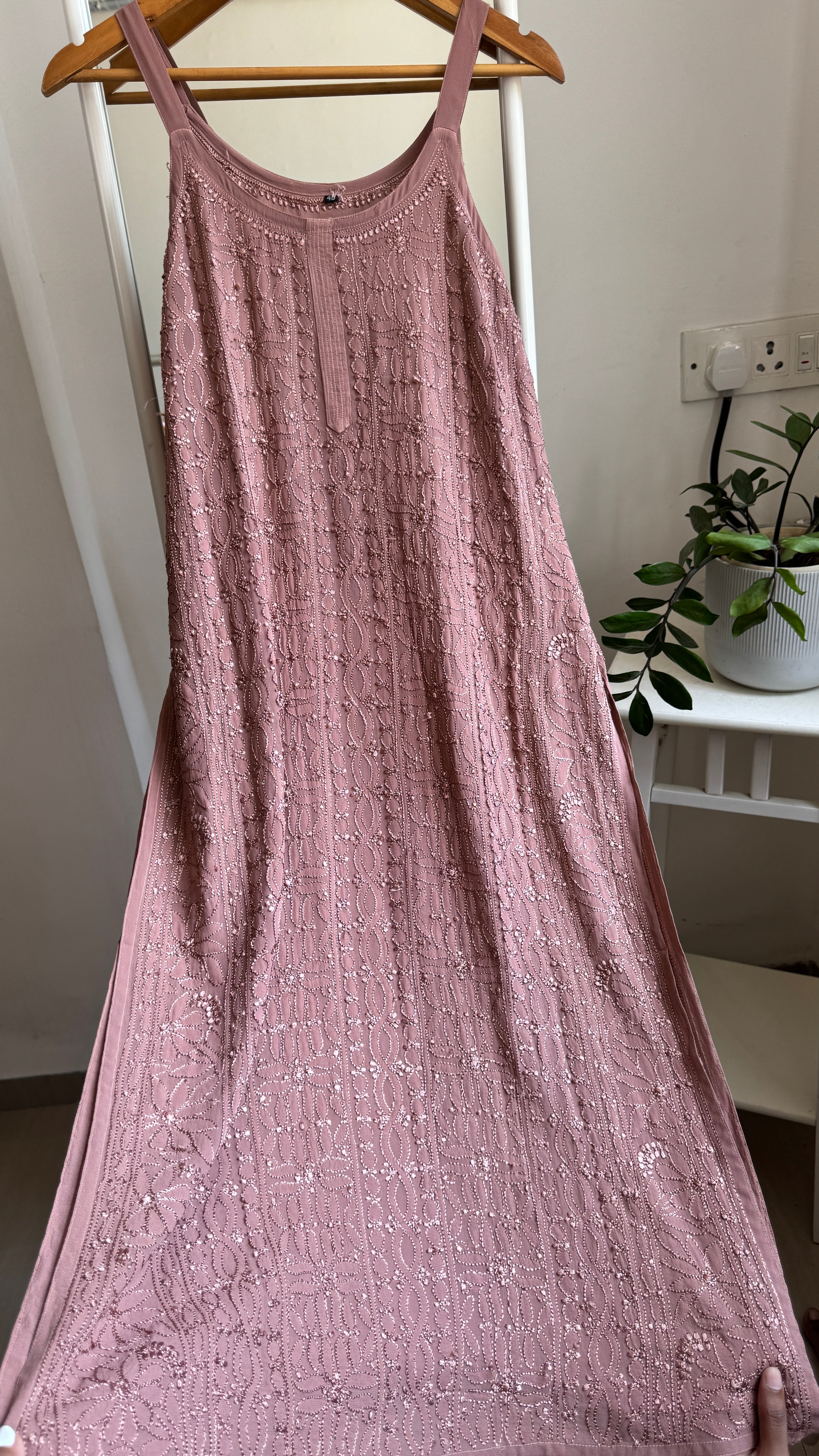 Noodle Strap Chikankari Kurti Long - Mocha Brown -Rose Collection