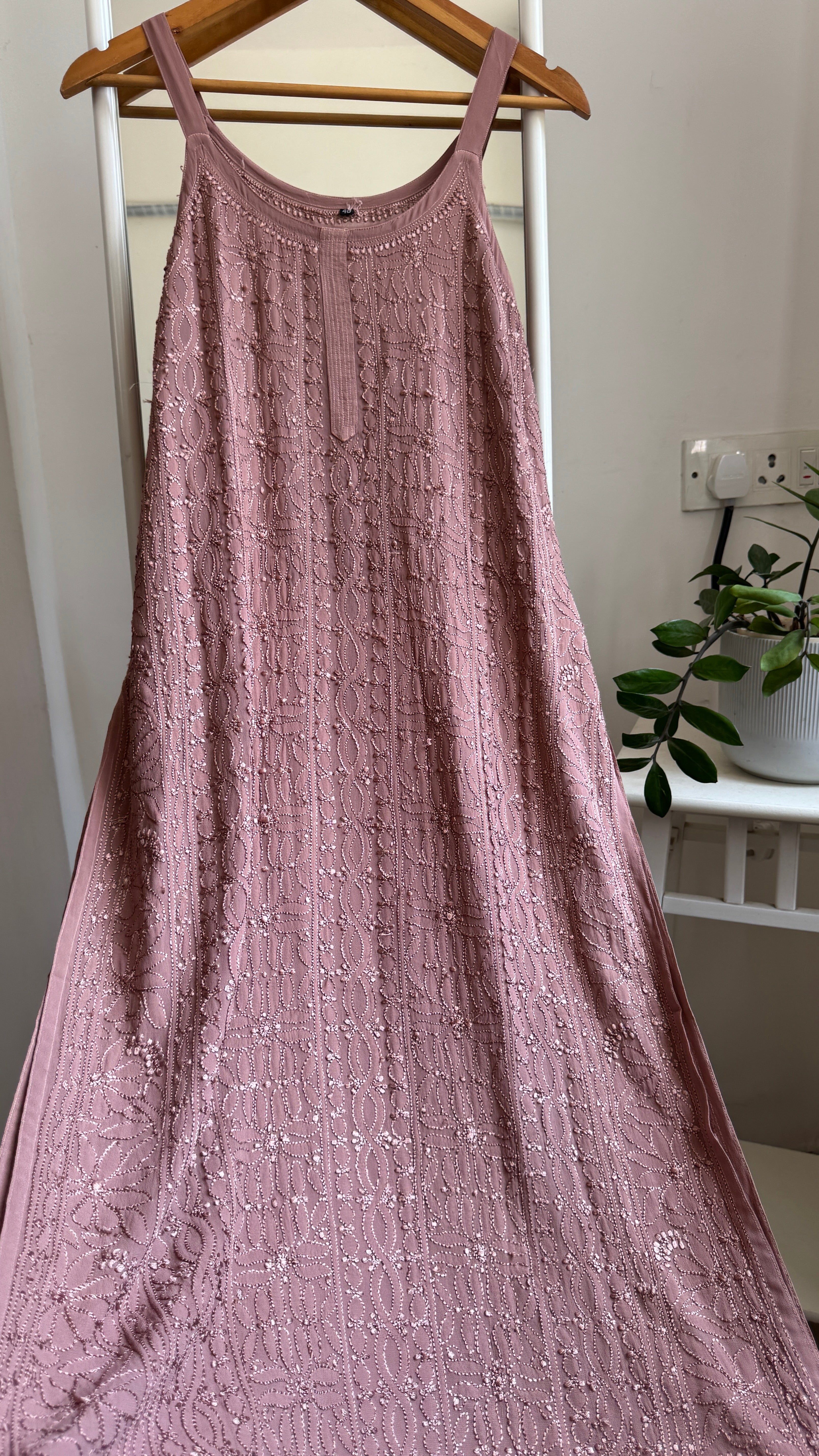 Noodle Strap Chikankari Kurti Long - Mocha Brown -Rose Collection