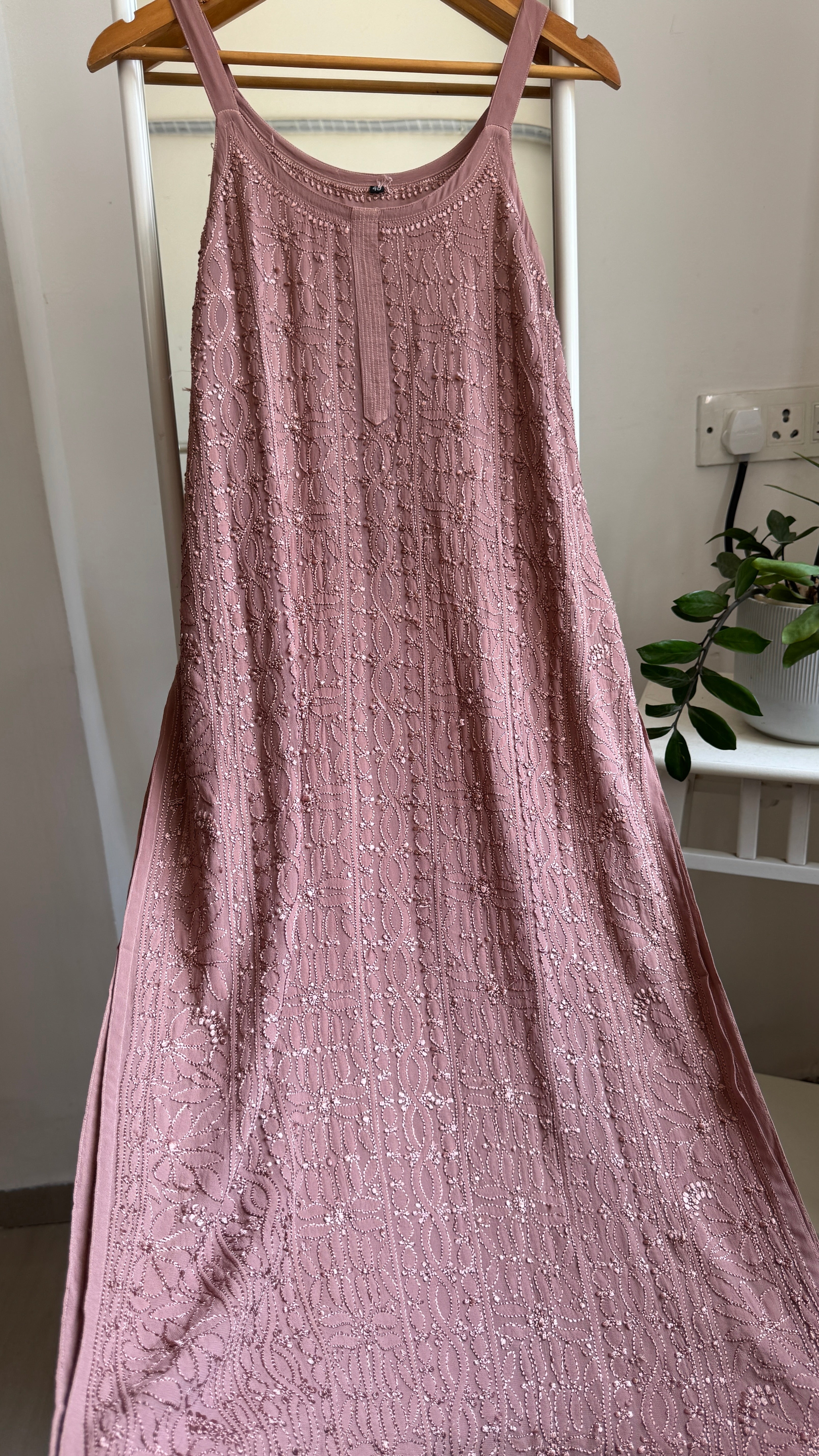 Noodle Strap Chikankari Kurti Long - Mocha Brown -Rose Collection
