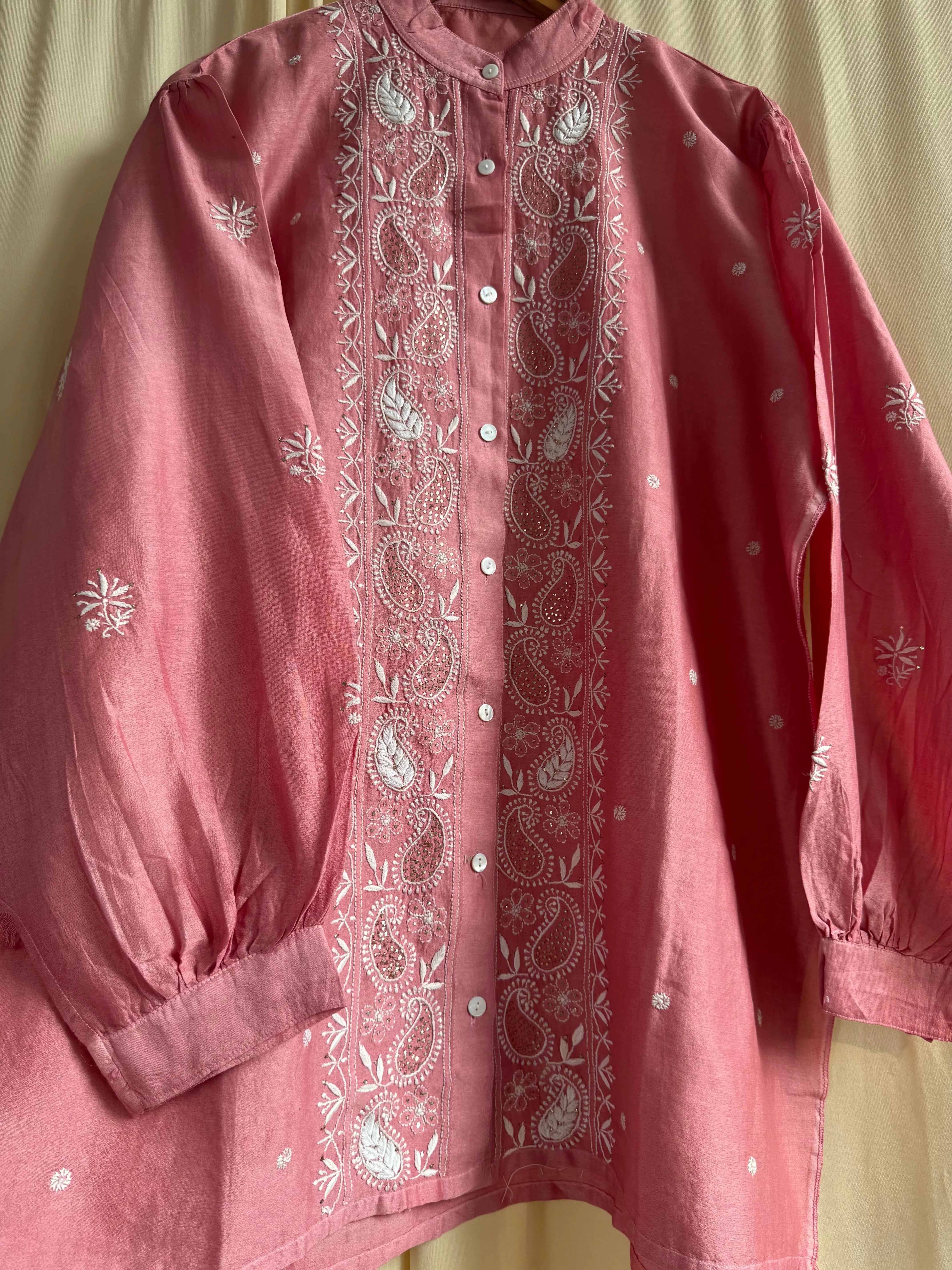 Chanderi Chikankari Cord Set with Mukaish Detailing - Rosewood ARIAA CHIKANKARI