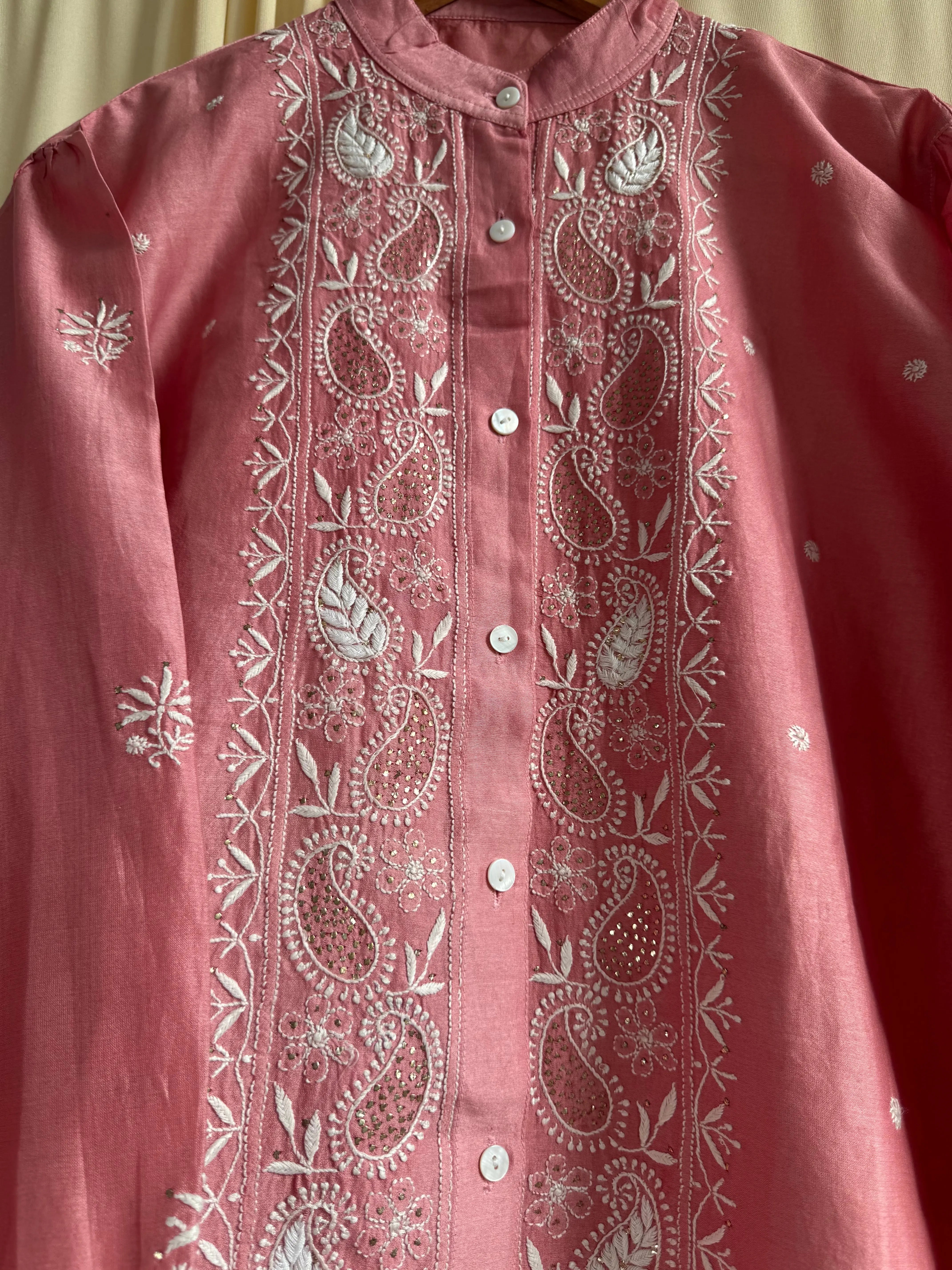 Chanderi Chikankari Cord Set with Mukaish Detailing - Rosewood ARIAA CHIKANKARI