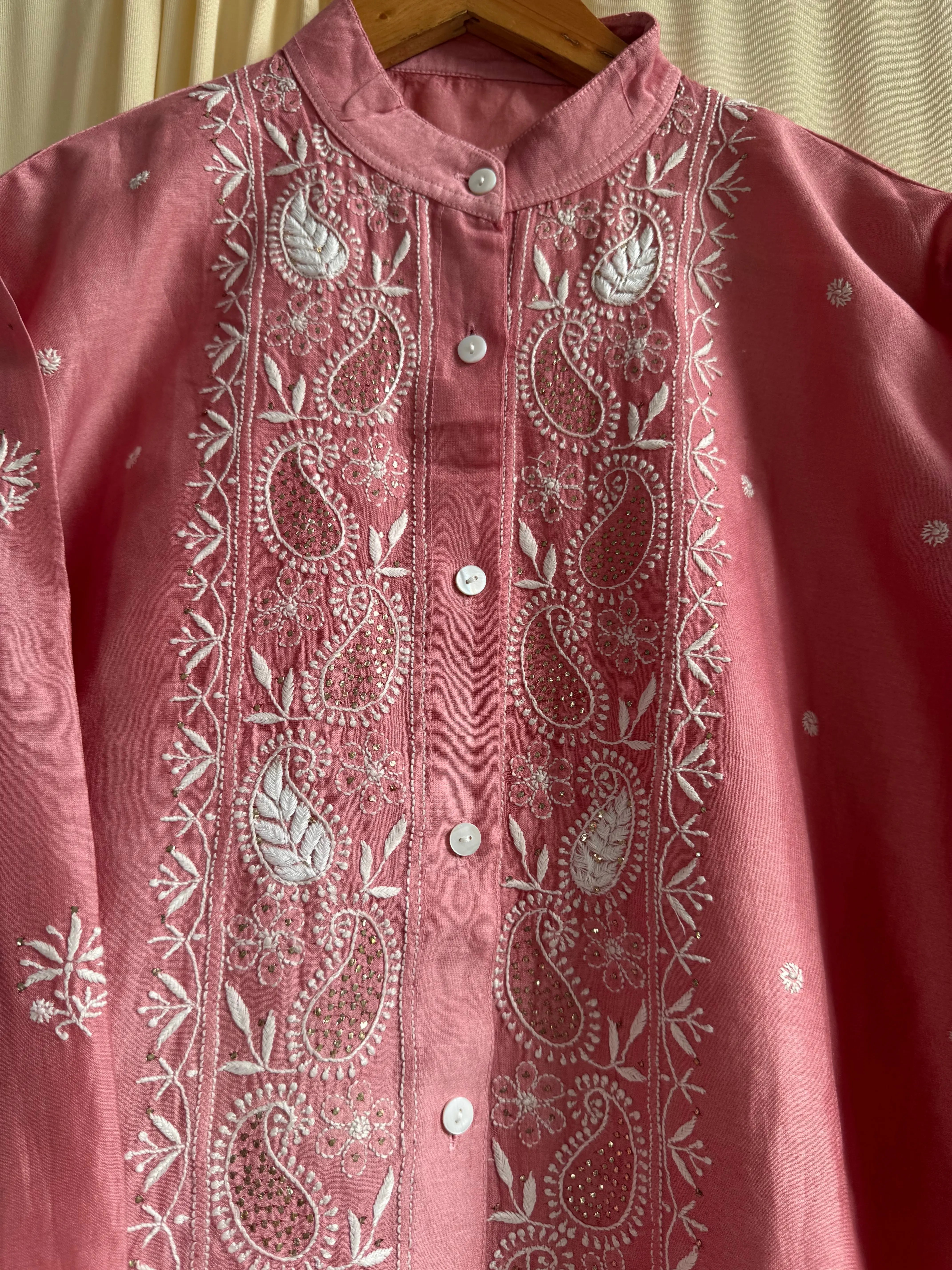 Chanderi Chikankari Cord Set with Mukaish Detailing - Rosewood ARIAA CHIKANKARI