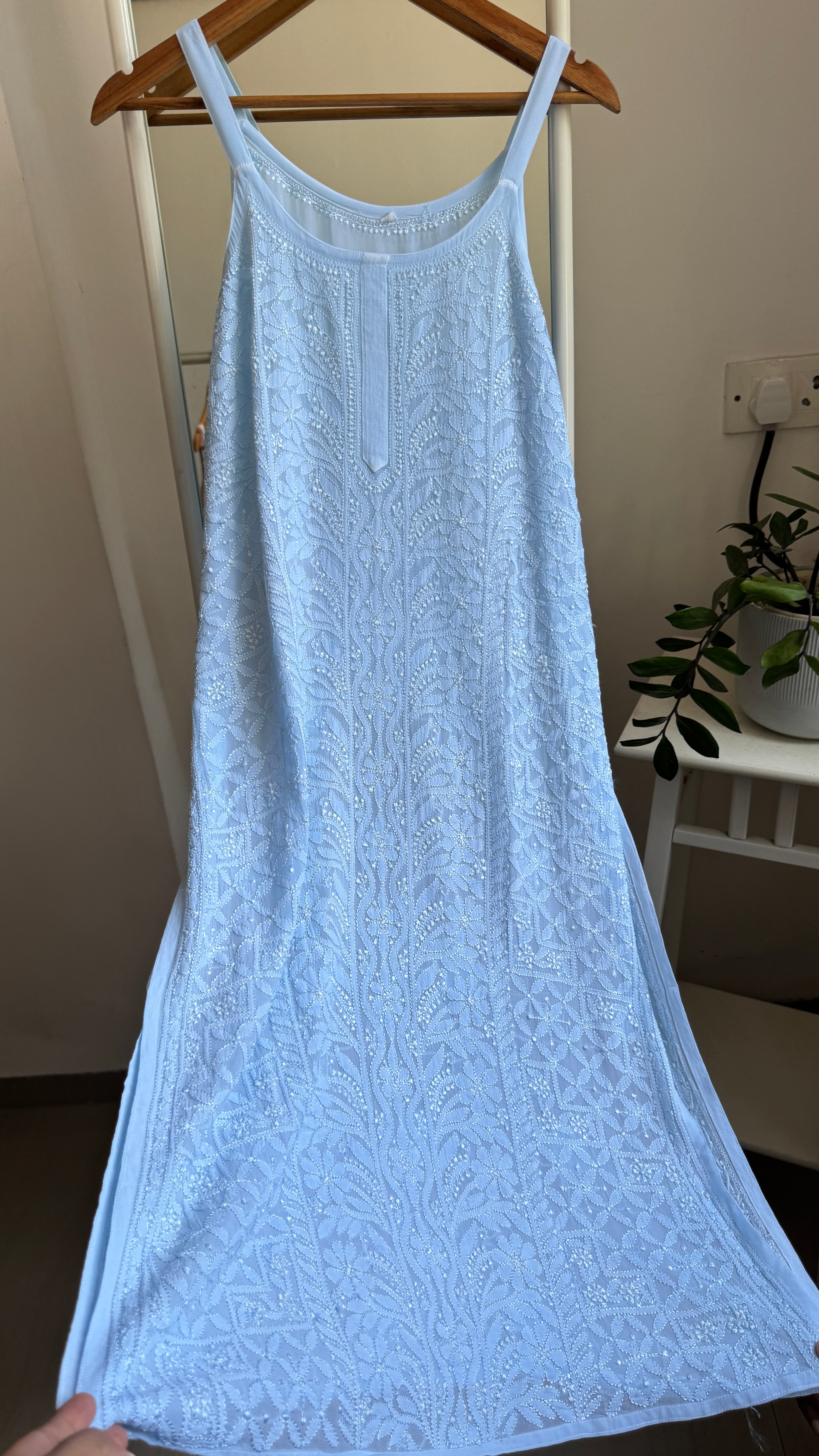 Noodle Strap Chikankari Kurti Long - Baby Blue -Rose Collection