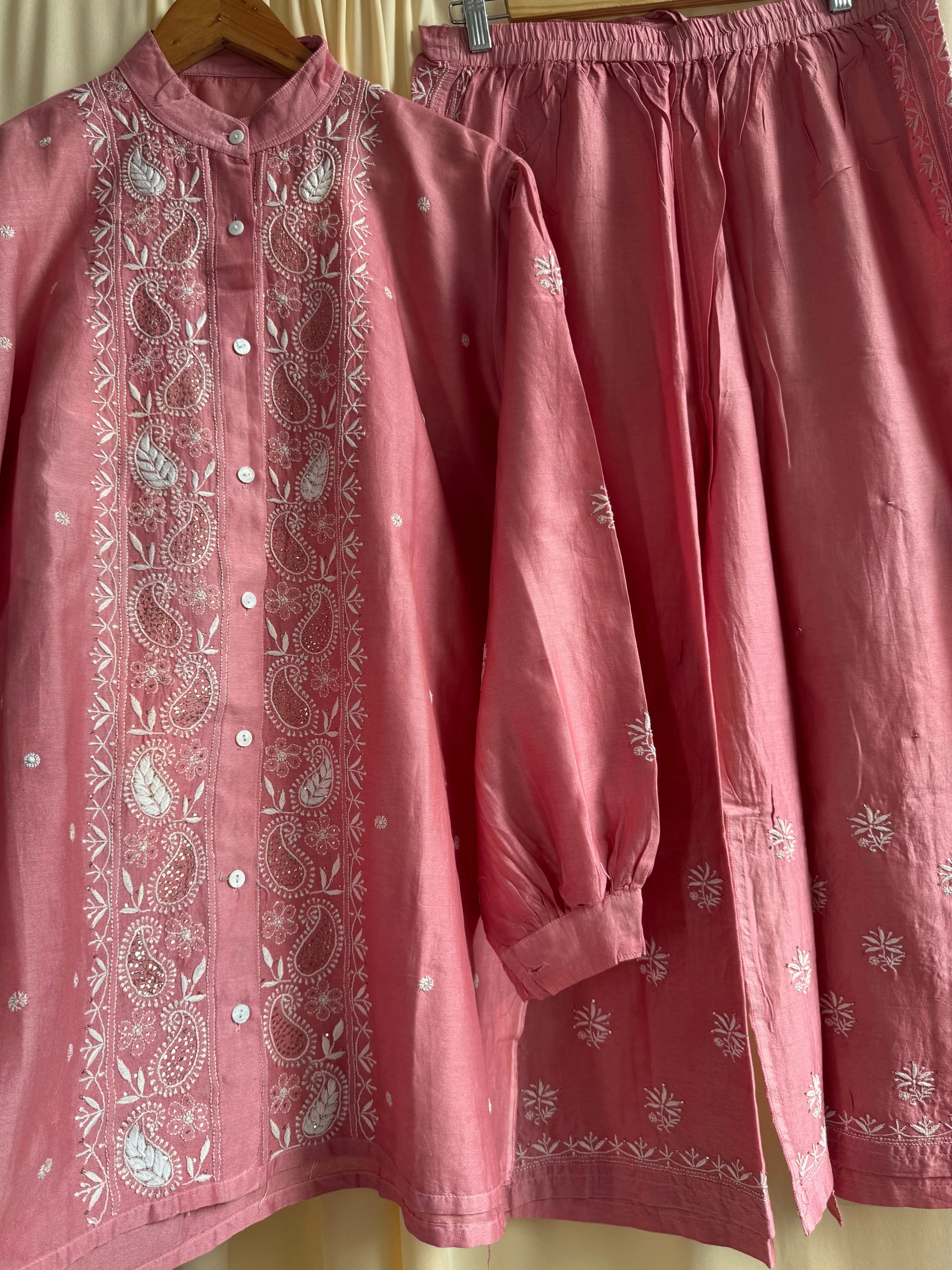 Chanderi Chikankari Cord Set with Mukaish Detailing - Rosewood ARIAA CHIKANKARI