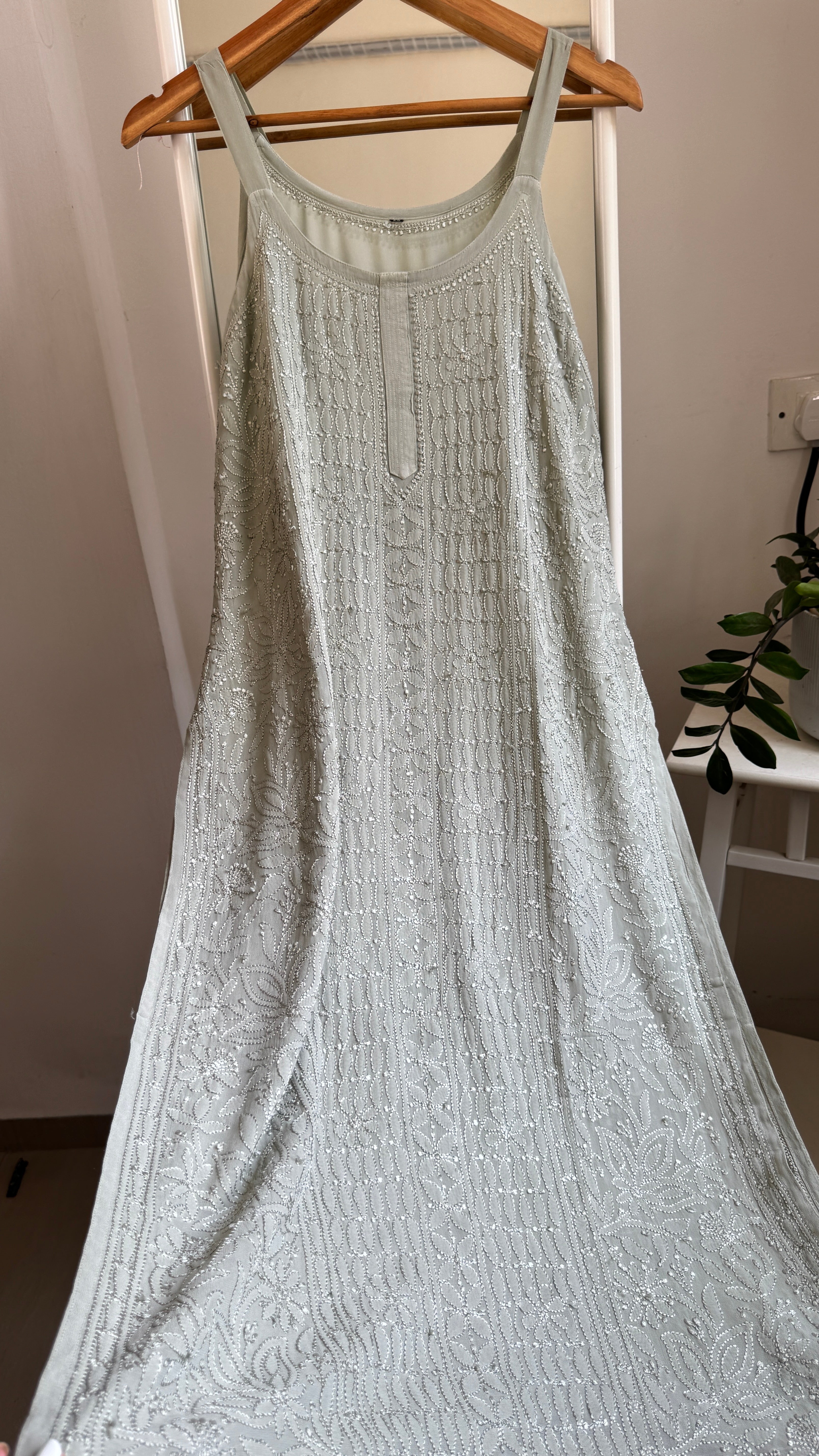 Noodle Strap Chikankari Kurti Long - Green -Rose Collection