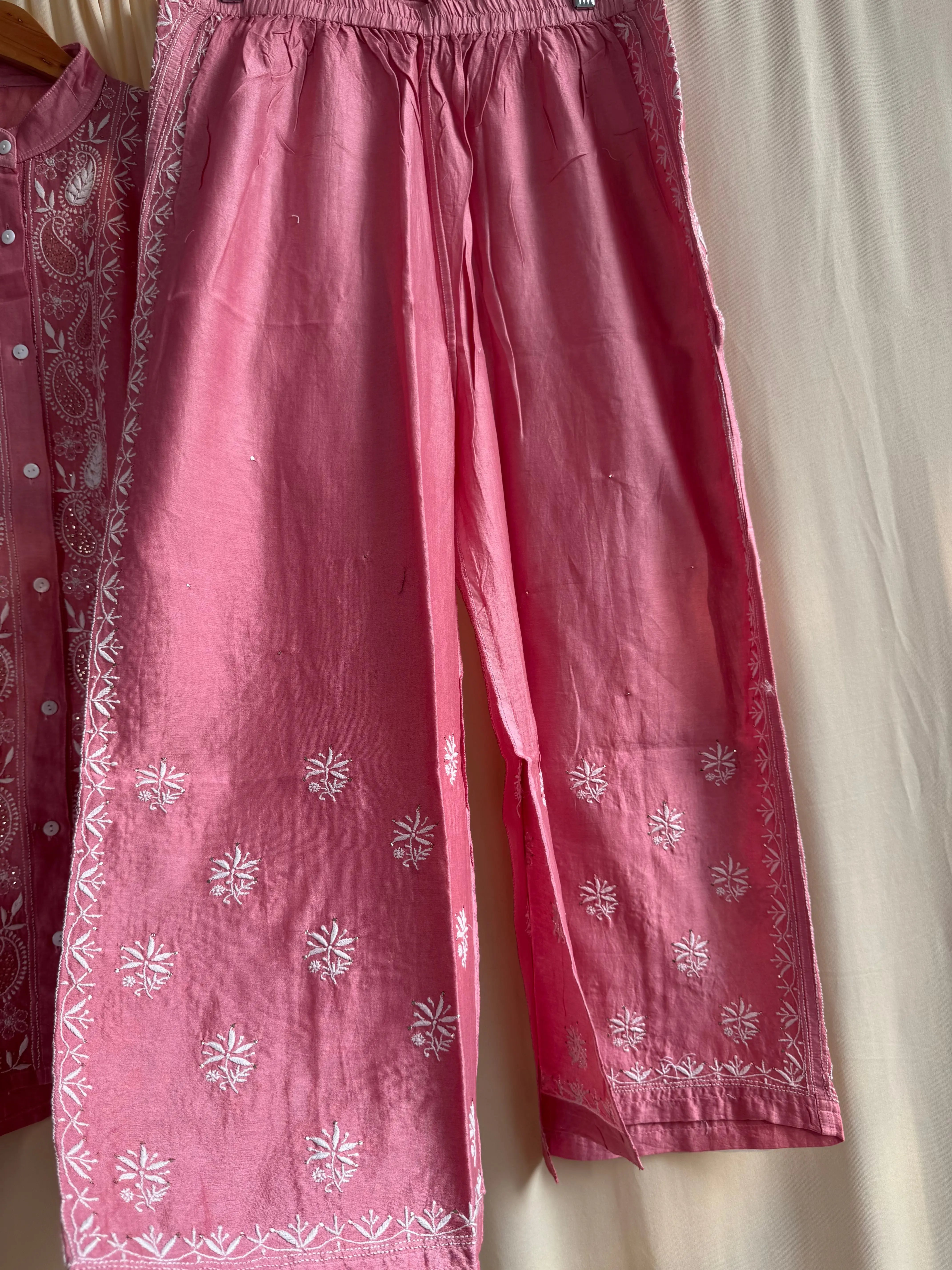 Chanderi Chikankari Cord Set with Mukaish Detailing - Rosewood ARIAA CHIKANKARI