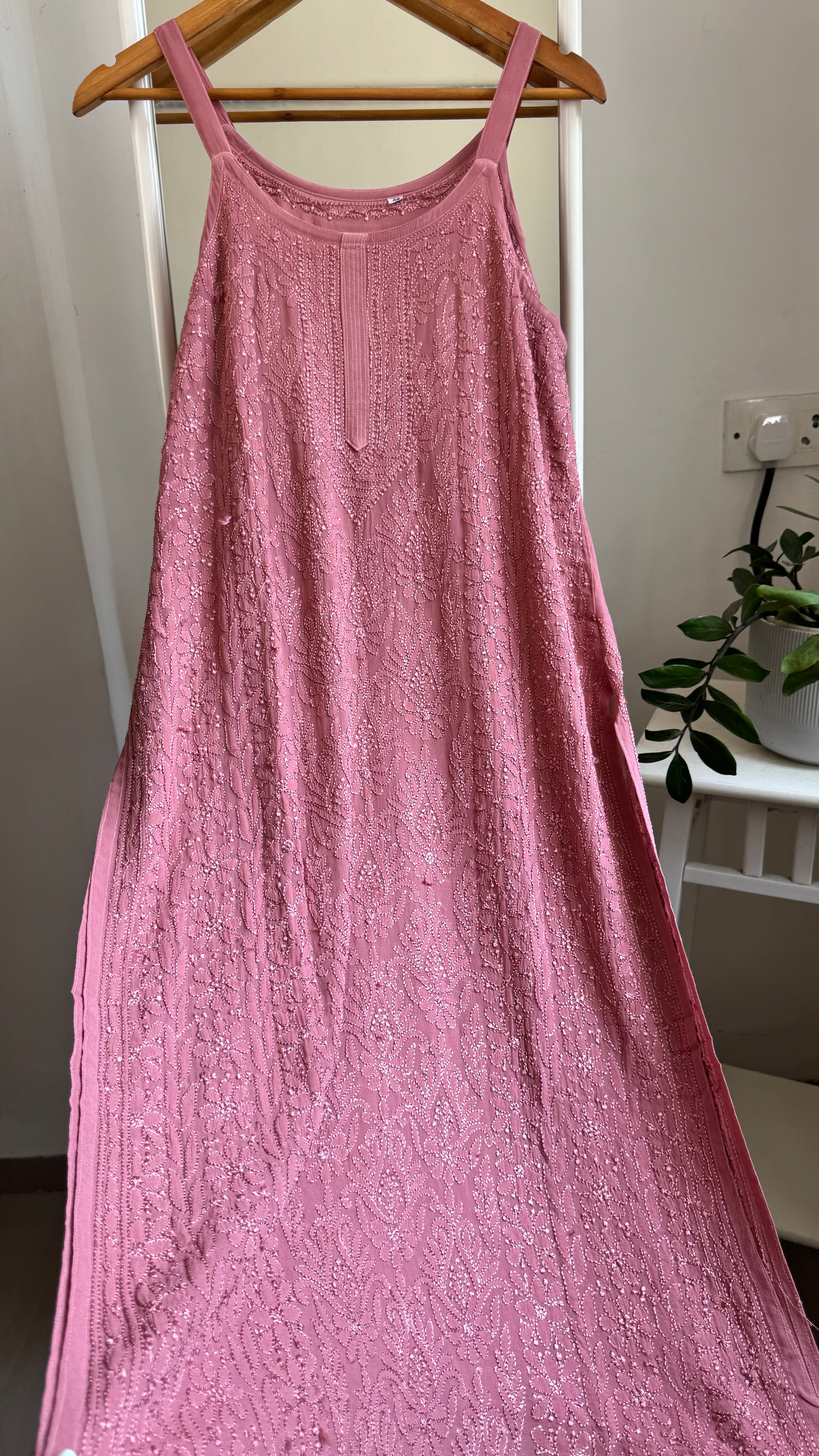 Noodle Strap Chikankari Kurti Long - Rosewood -Rose Collection