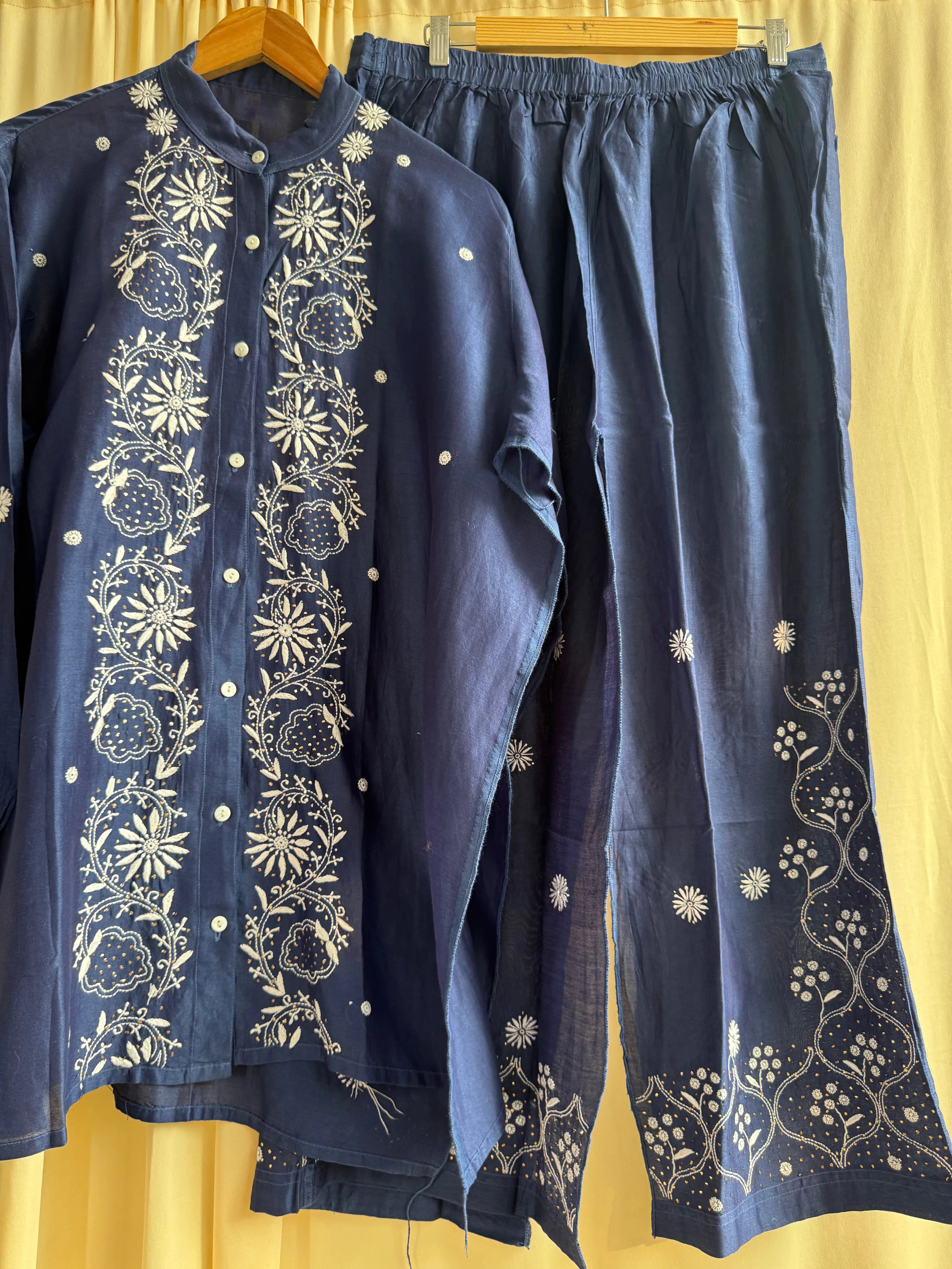 Chanderi Chikankari Cord Set with Mukaish Detailing - Blue ARIAA CHIKANKARI