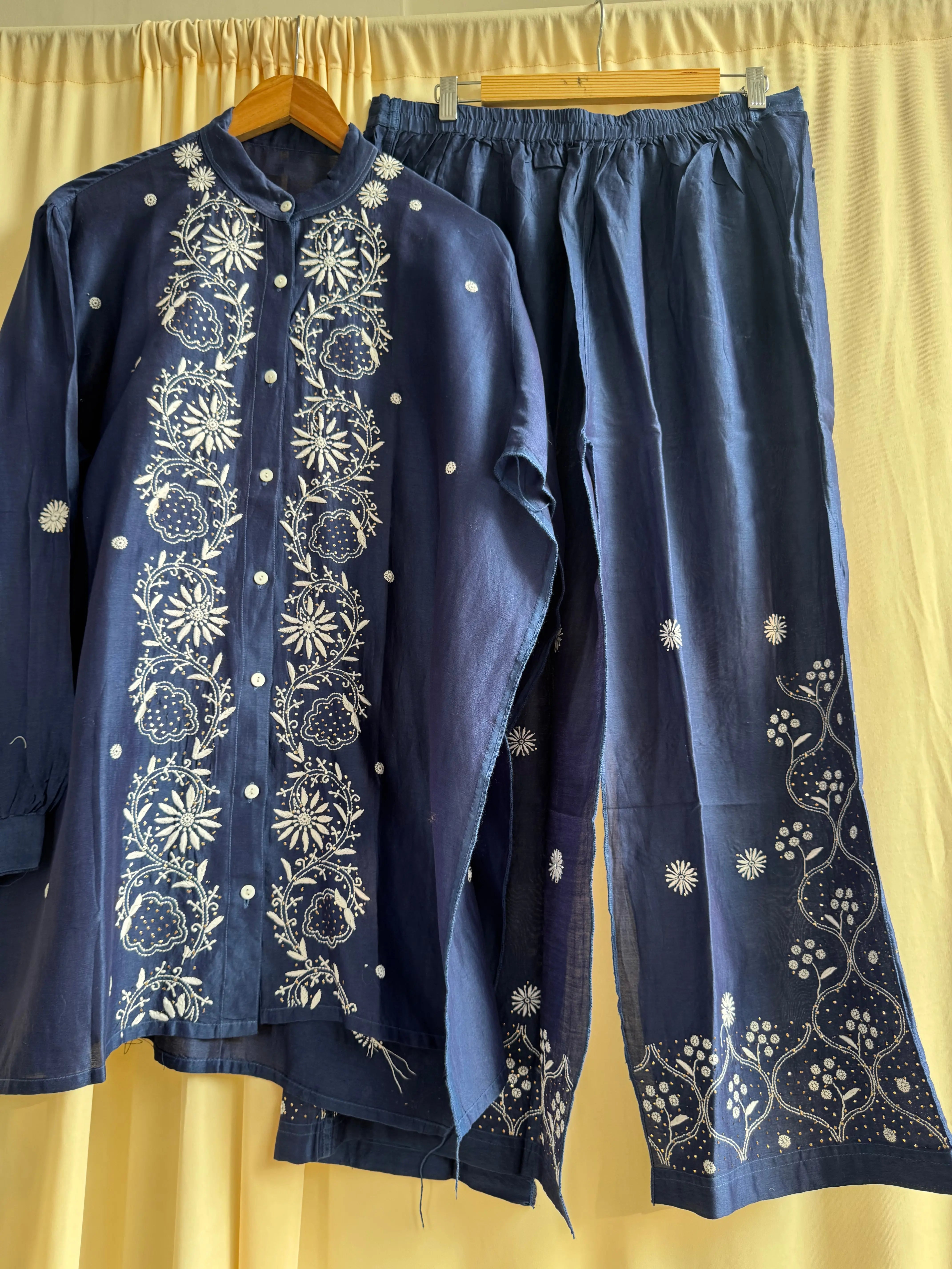 Chanderi Chikankari Cord Set with Mukaish Detailing  - Blue ARIAA CHIKANKARI