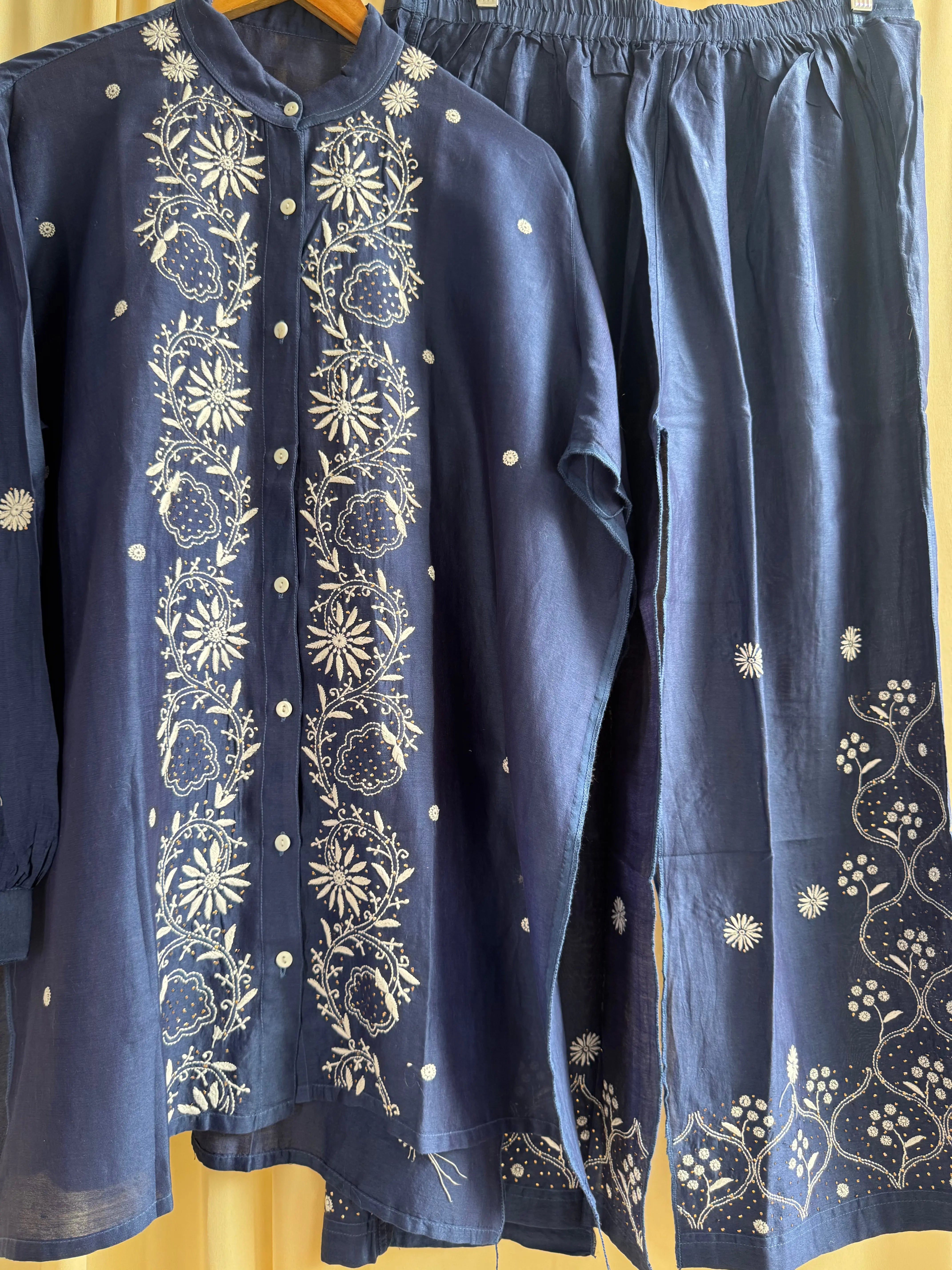 Chanderi Chikankari Cord Set with Mukaish Detailing - Blue ARIAA CHIKANKARI