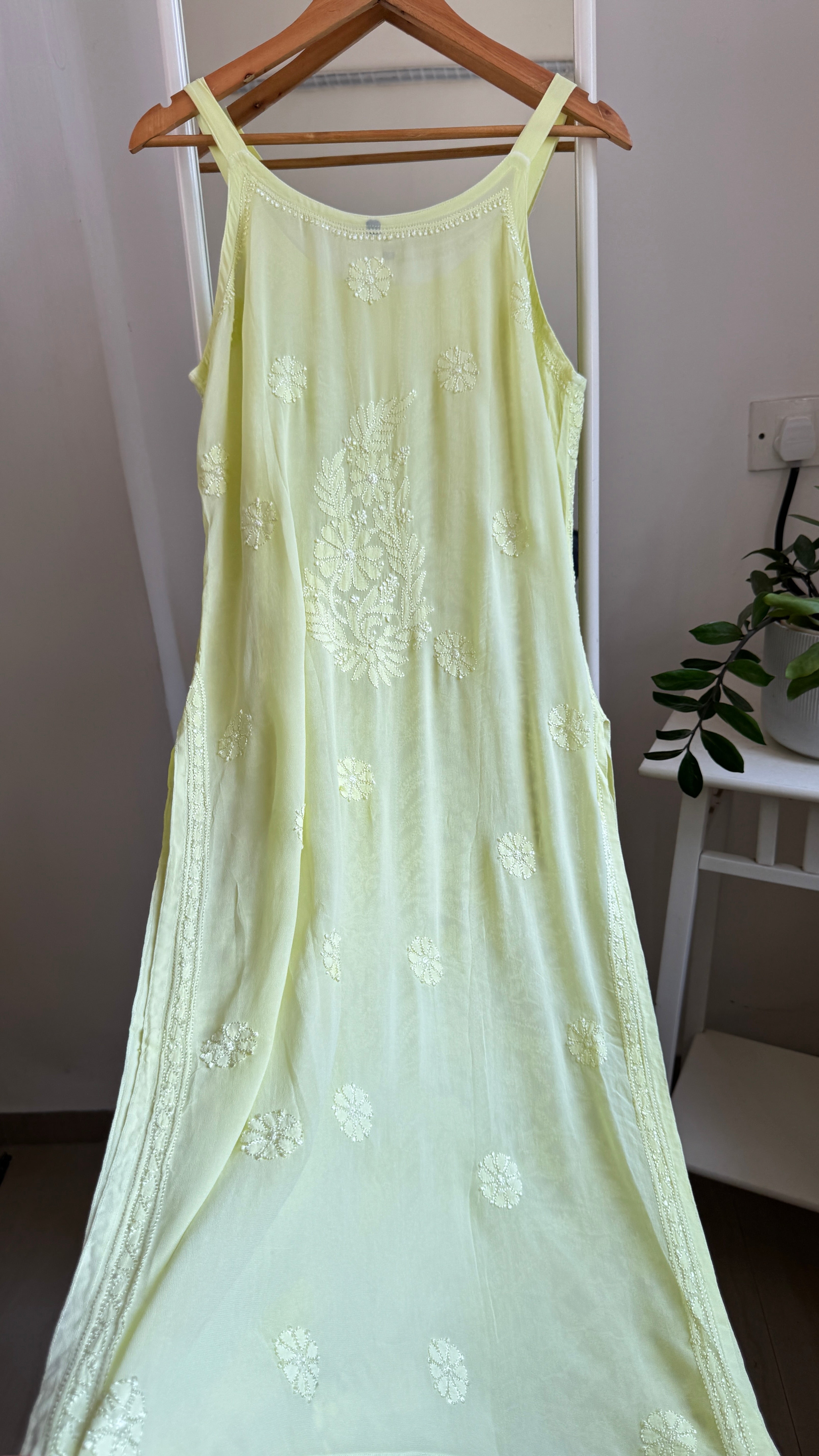 Noodle Strap Chikankari Kurti Long - Apple Green -Rose Collection