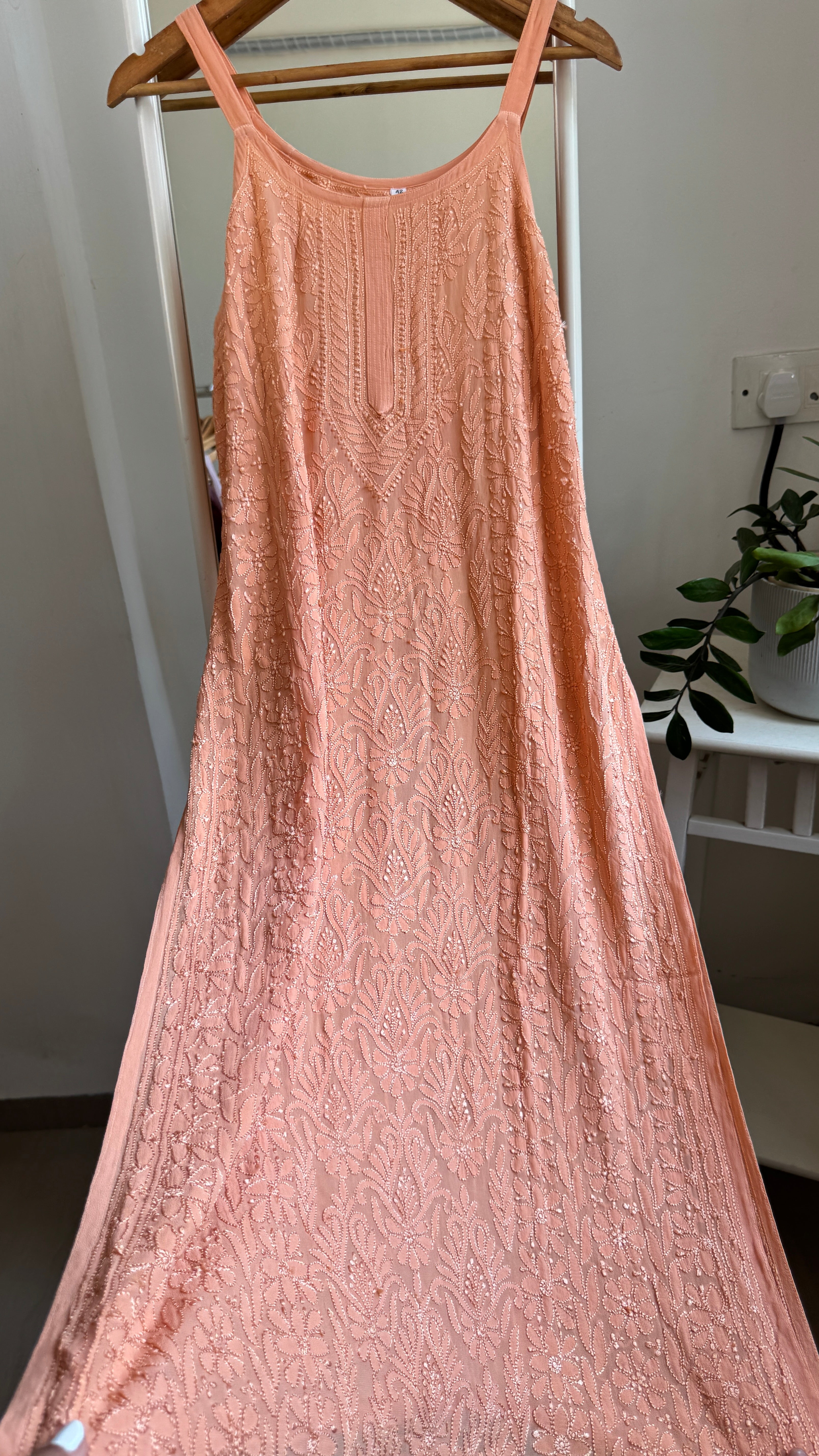 Noodle Strap Chikankari Kurti Long - Peach -Rose Collection