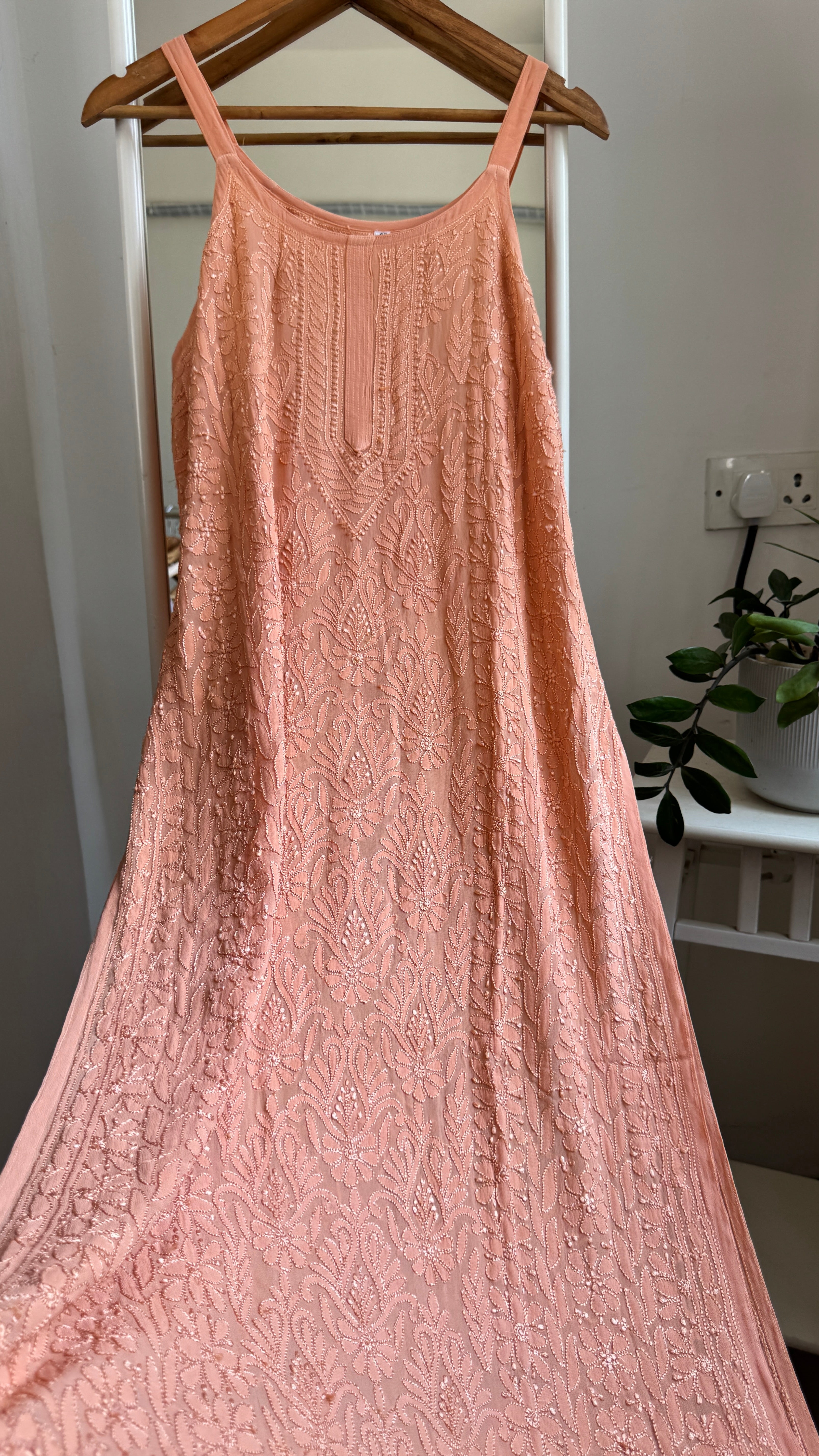 Noodle Strap Chikankari Kurti Long - Peach -Rose Collection