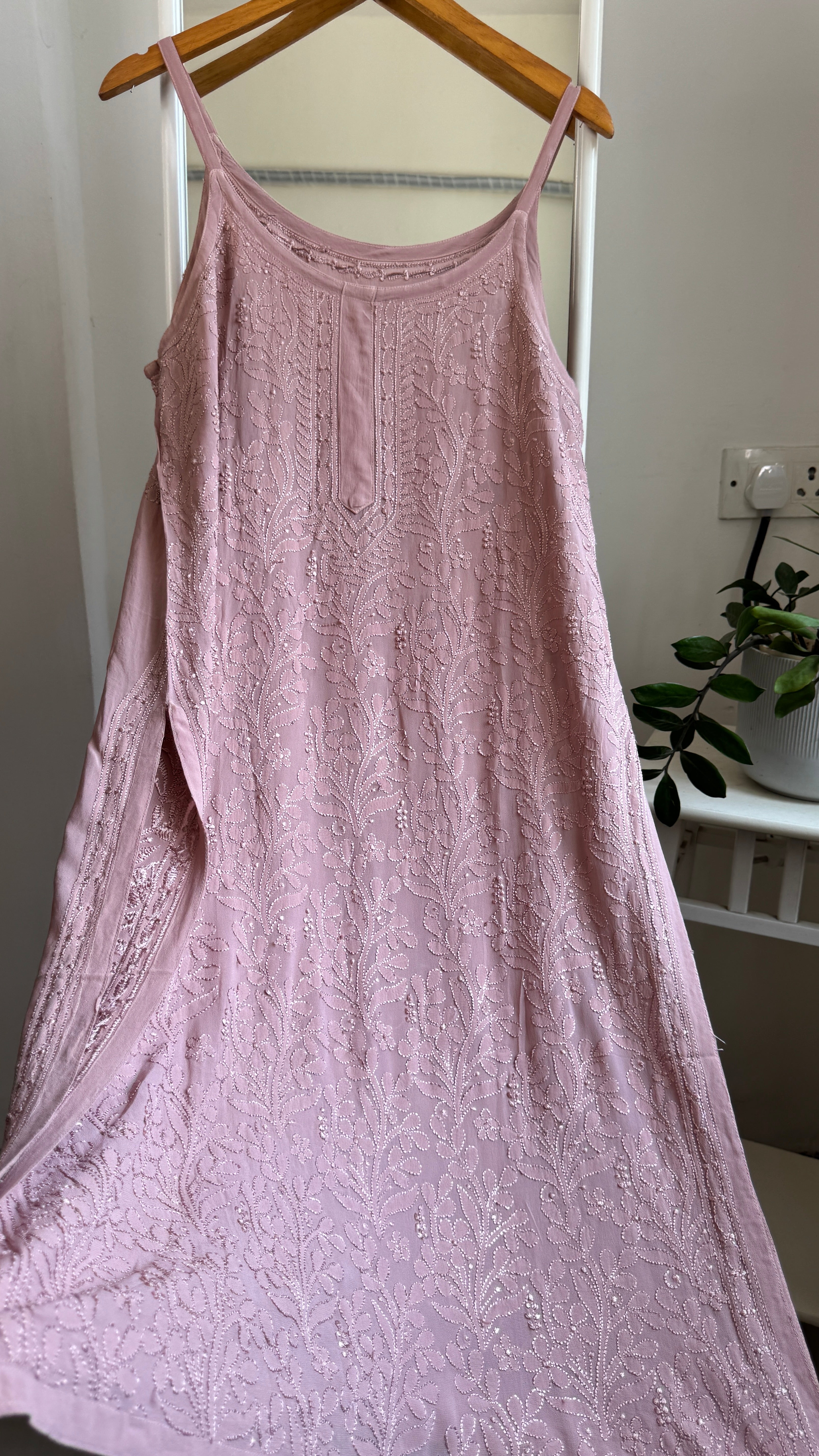 Noodle Strap Chikankari Kurti Long - Dusty Rose -Rose Collection