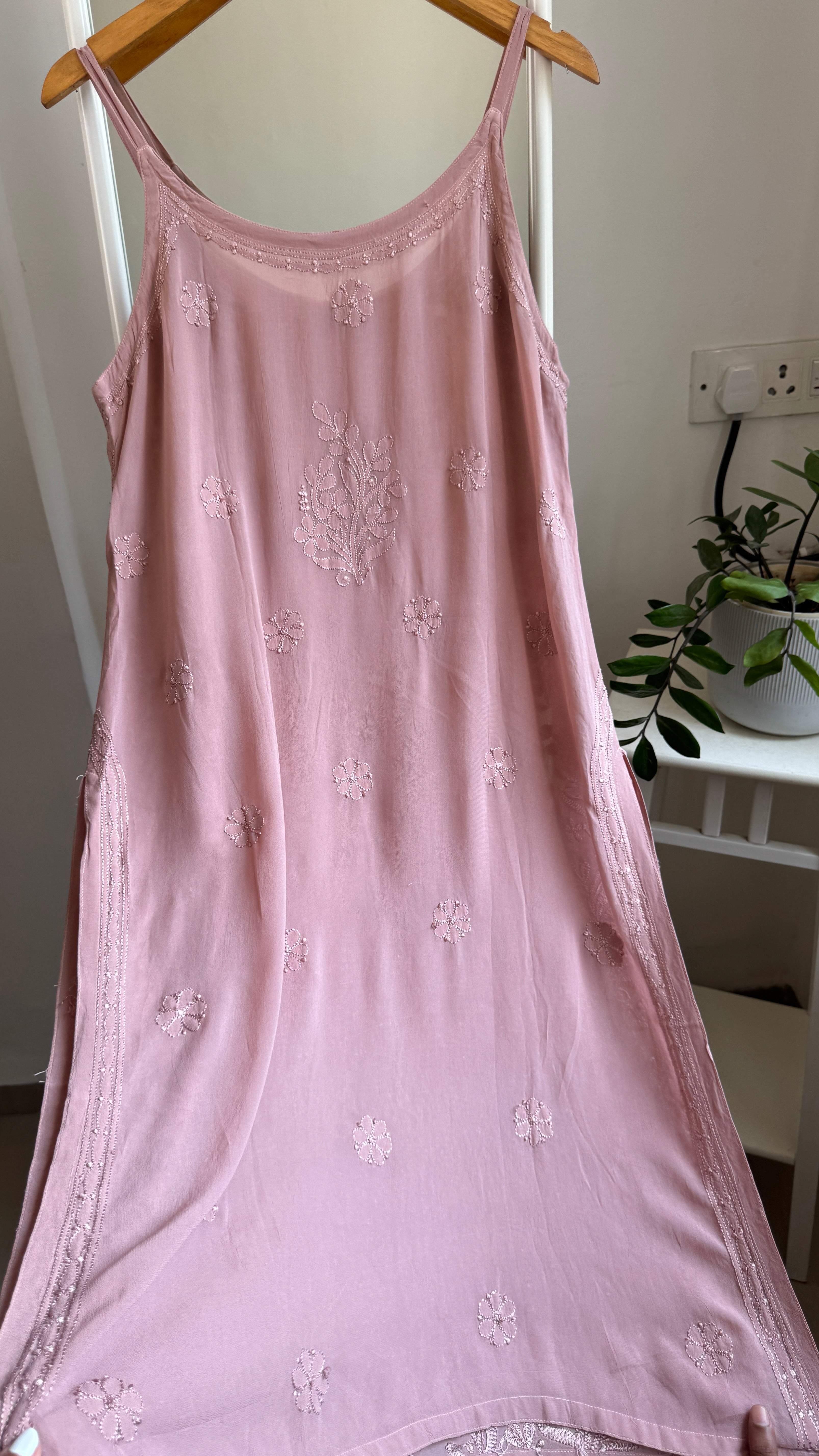 Noodle Strap Chikankari Kurti Long - Dusty Rose -Rose Collection