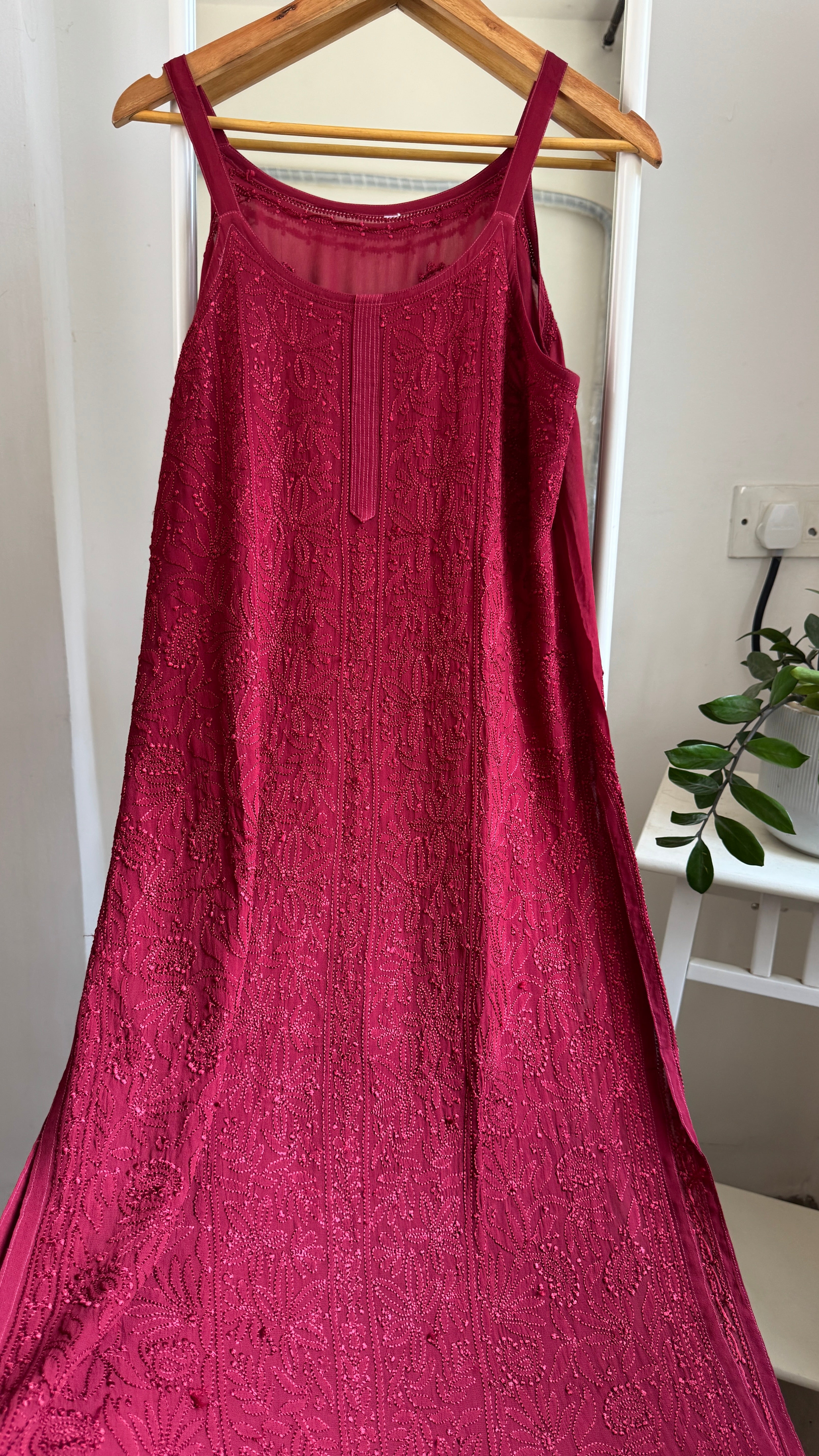 Noodle Strap Chikankari Kurti Long - Maroon -Rose Collection