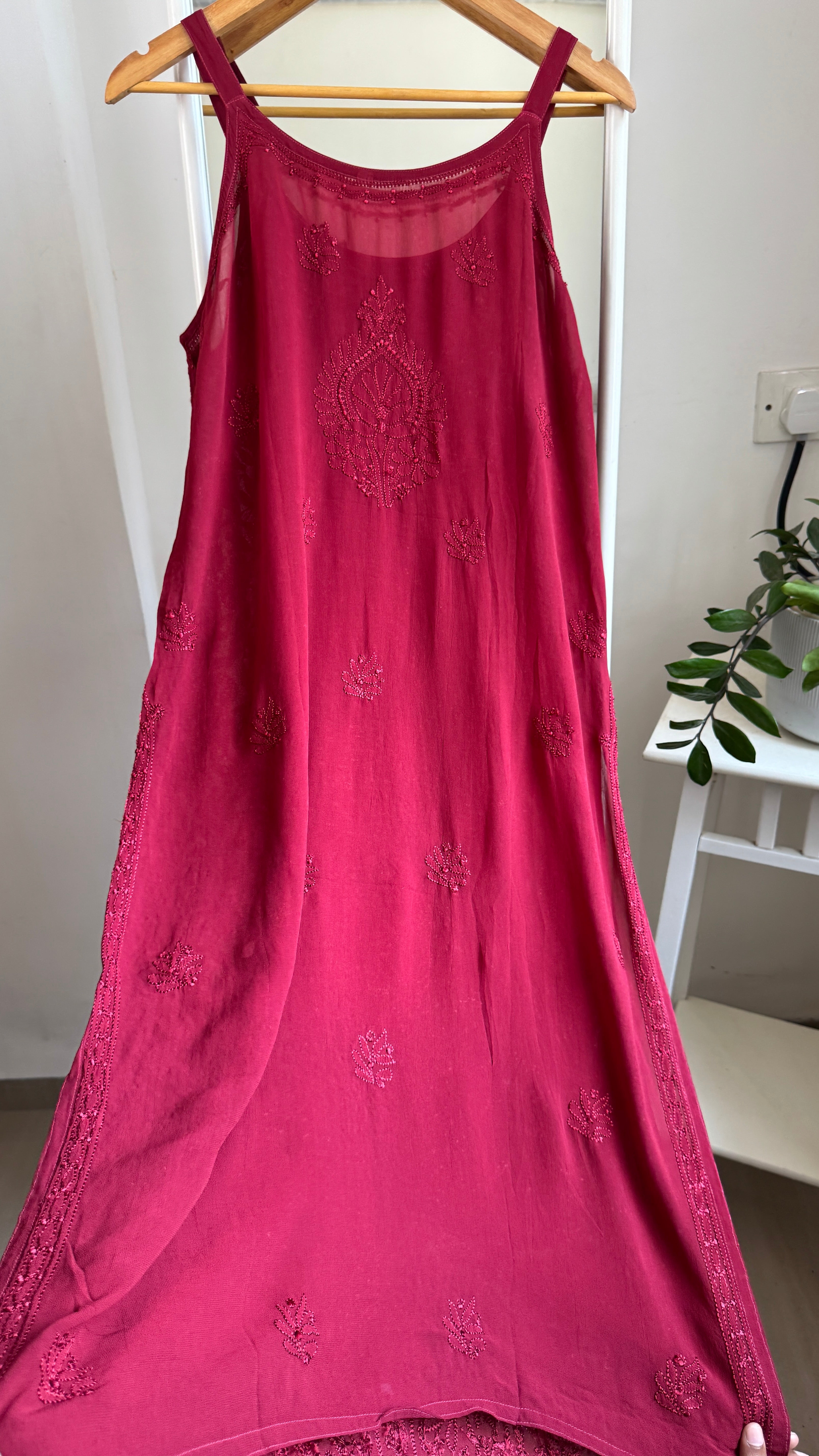 Noodle Strap Chikankari Kurti Long - Maroon -Rose Collection