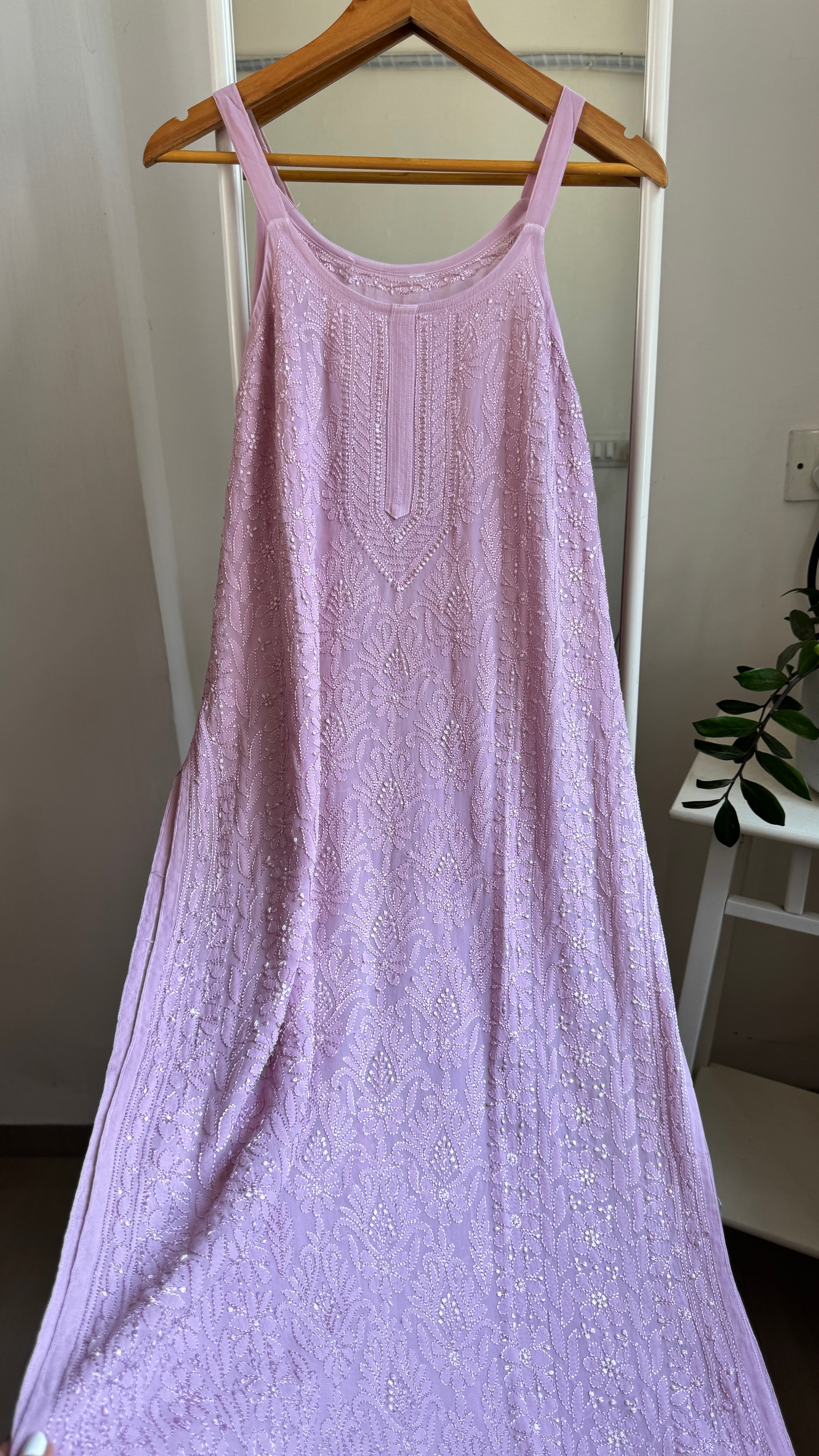 Noodle Strap Chikankari Kurti Long - Mauve -Rose Collection