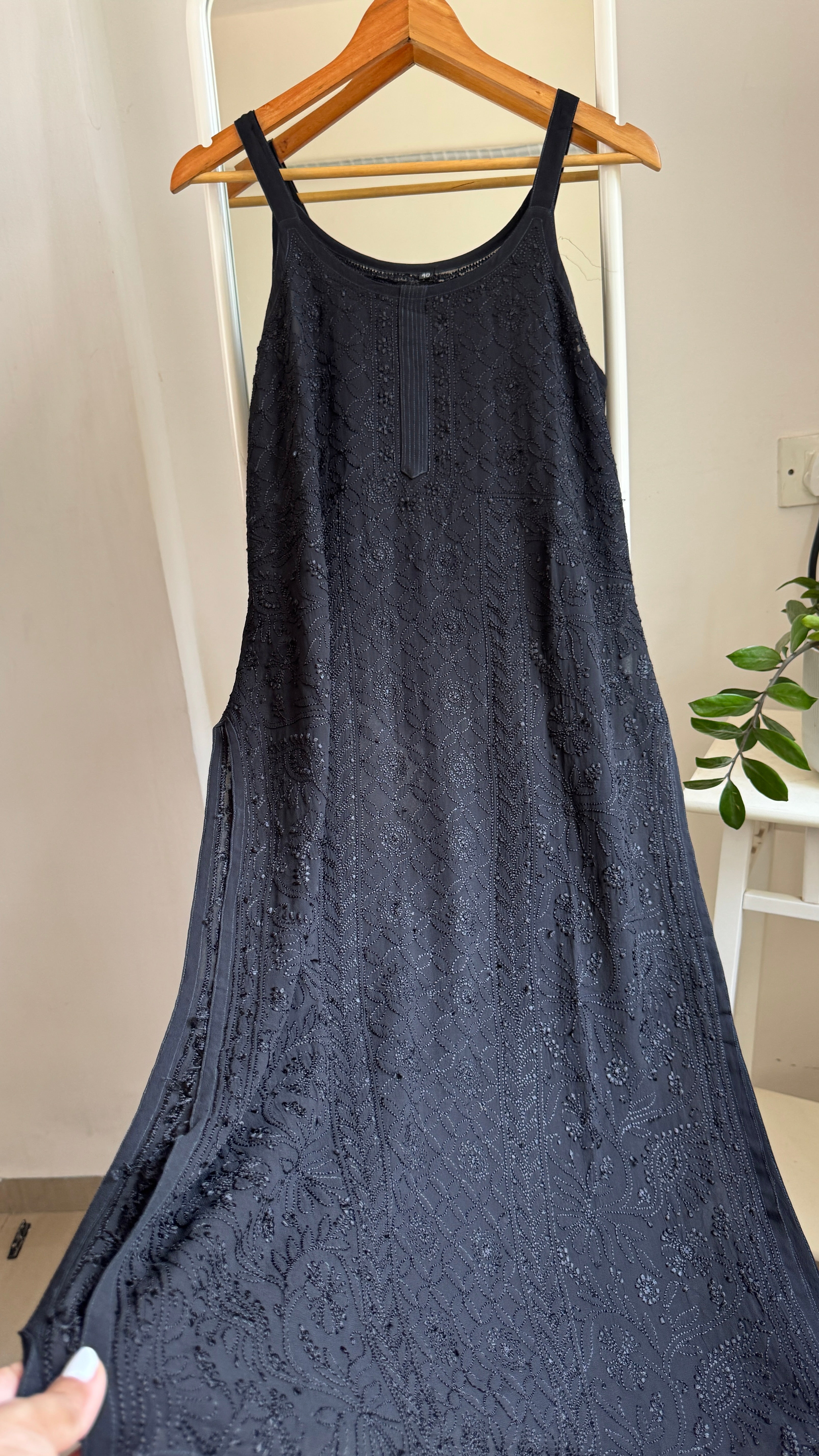 Noodle Strap Chikankari Kurti Long - Black -Rose Collection