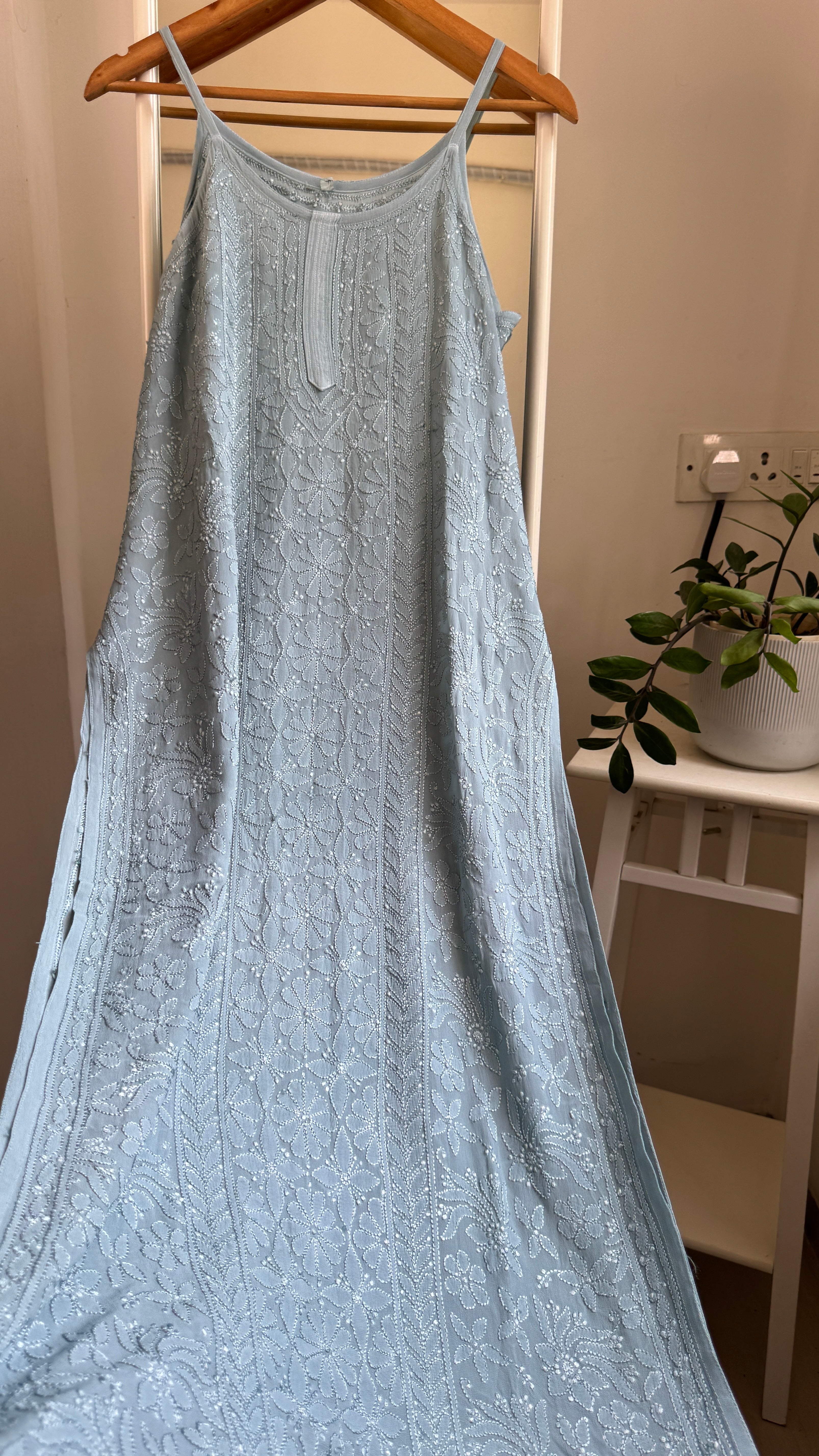 Noodle Strap Chikankari Kurti Long - Cool Grey -Rose Collection