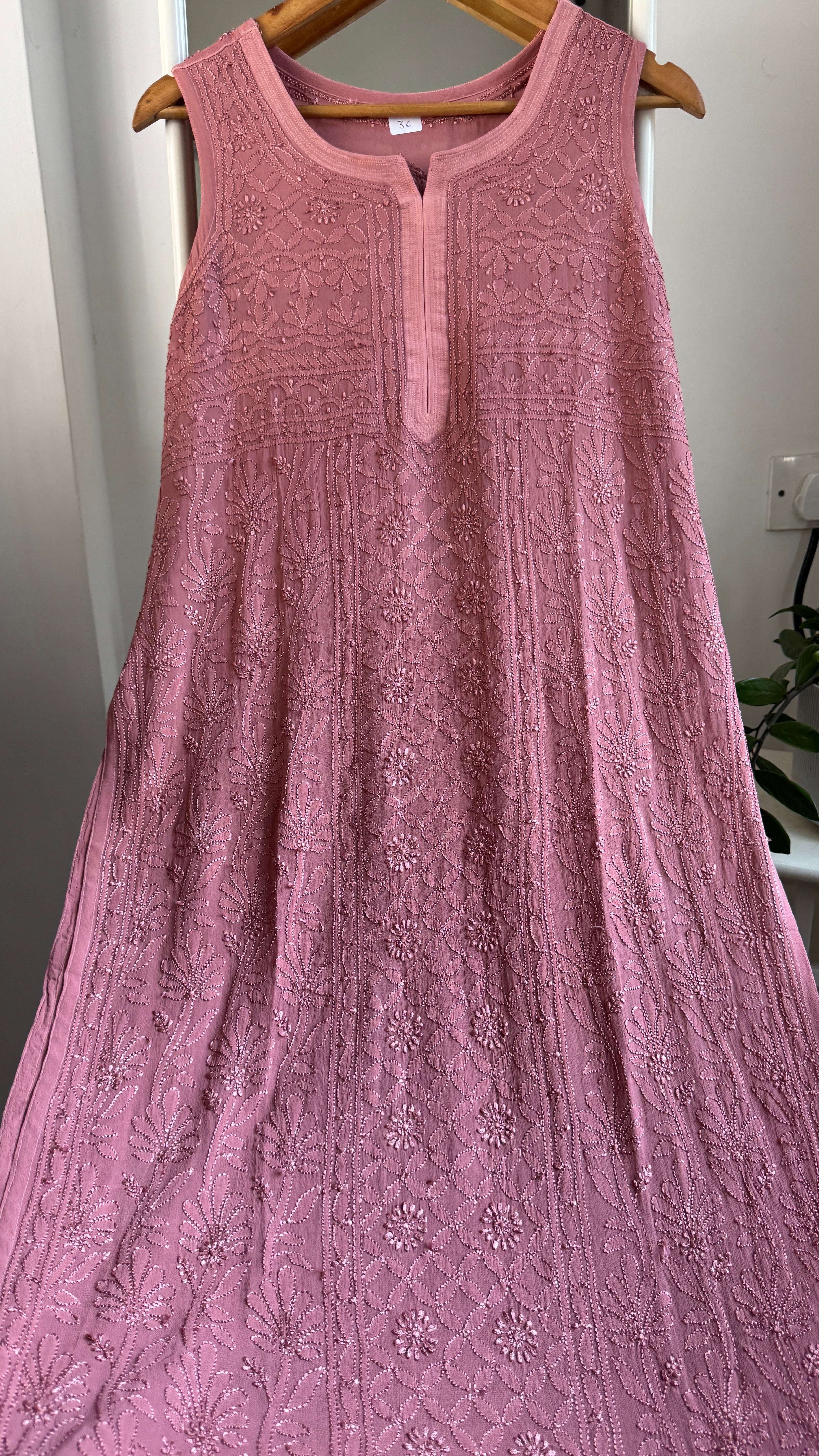 Long Full Jaal Sleeveless Chikankari Kurti - AriAA Chikankari - Rose Collection