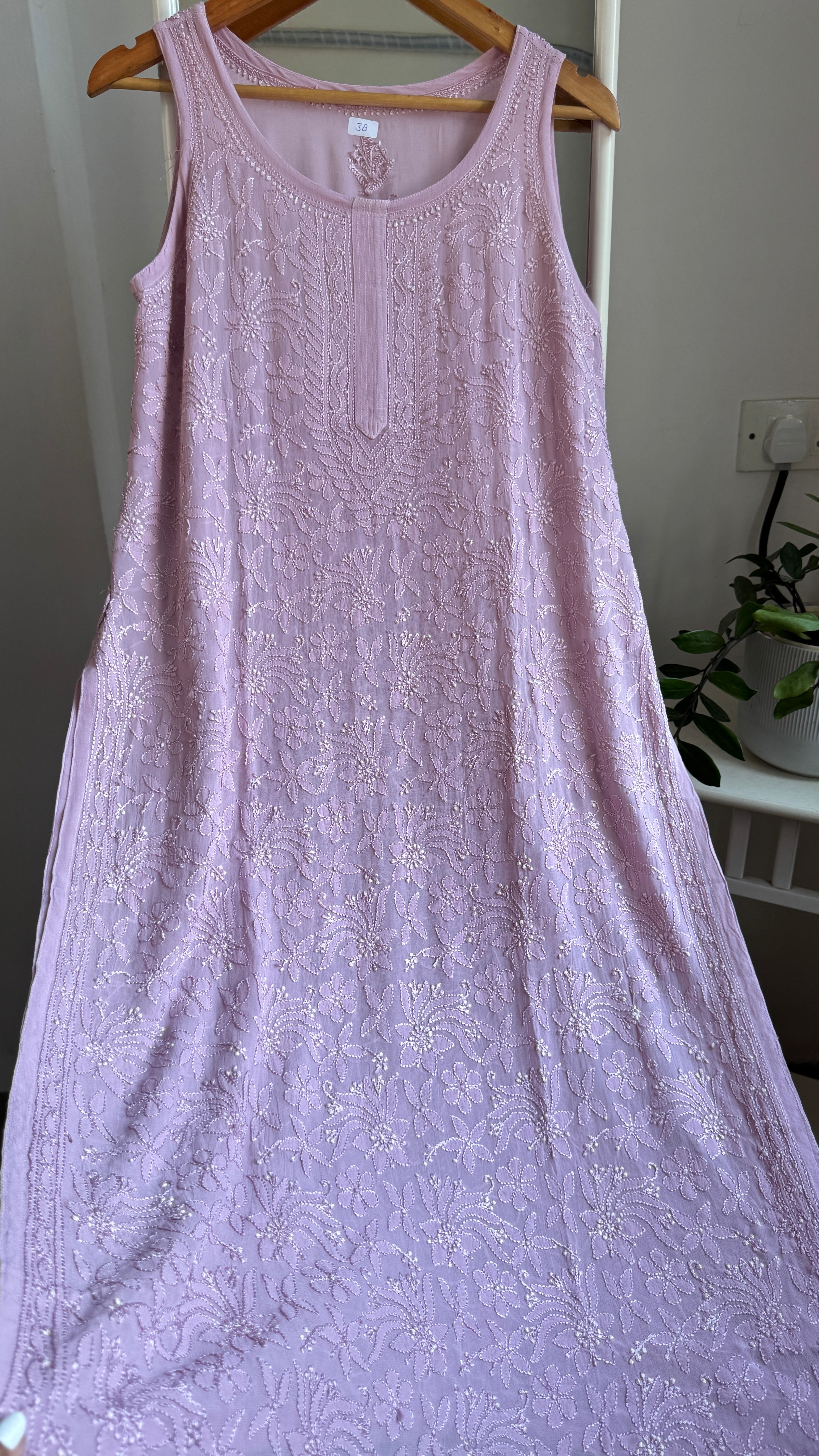 Long Full Jaal Sleeveless Chikankari Kurti - AriAA Chikankari - Rose Collection