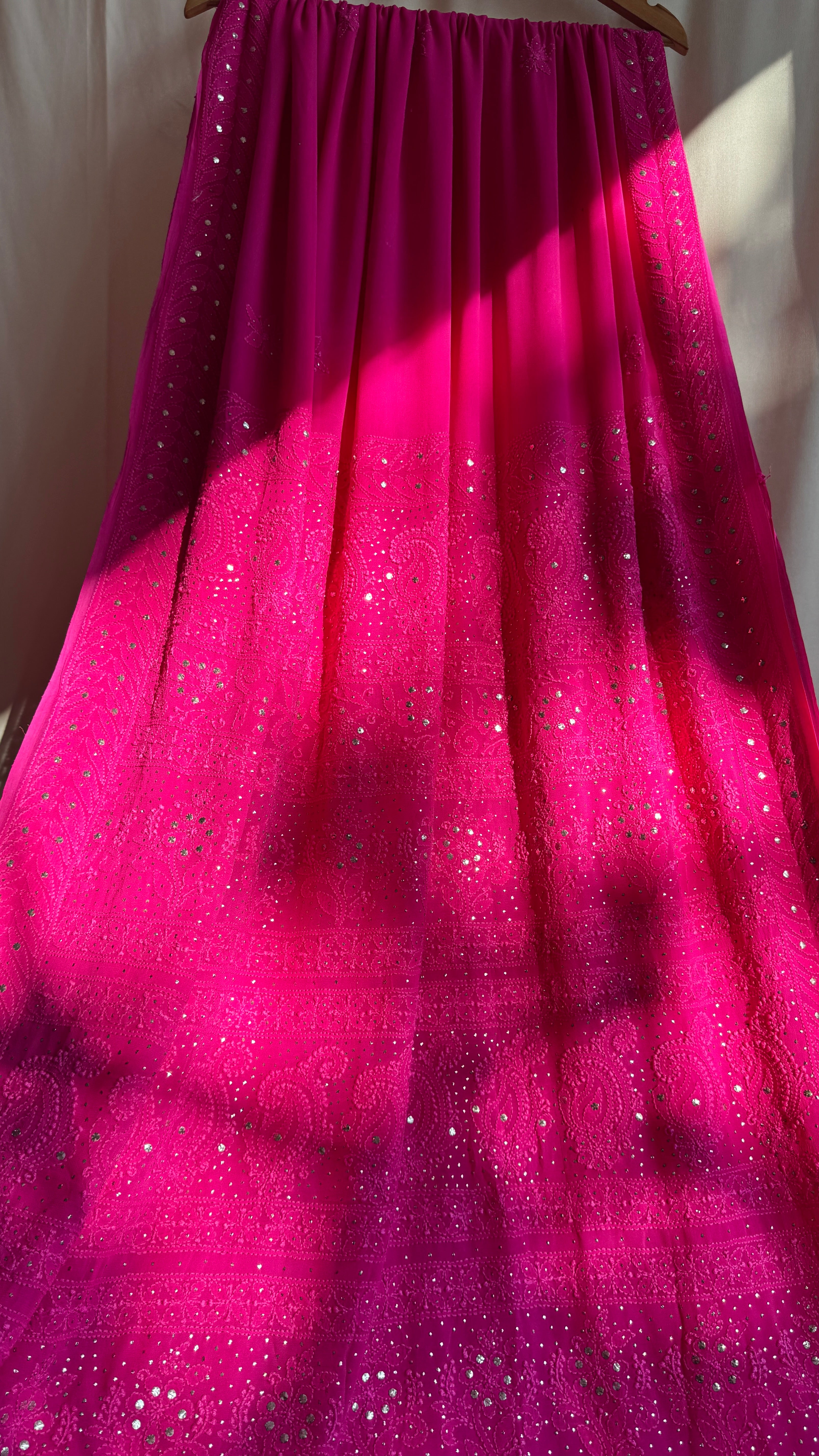 Viscose Hot Pink Chikankari saree with Mukaish Work