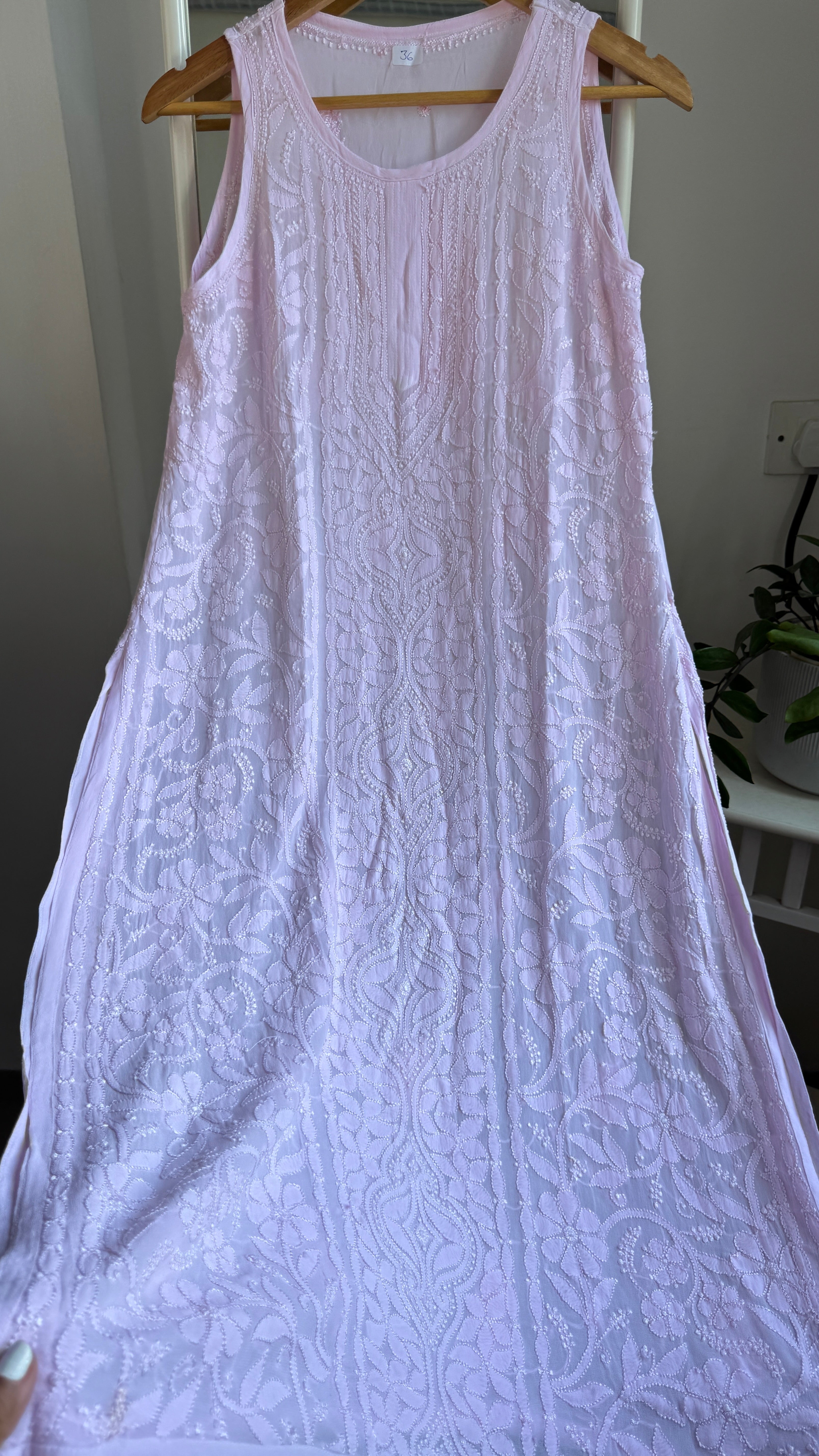 Long Full Jaal Sleeveless Chikankari Kurti - AriAA Chikankari - Rose Collection