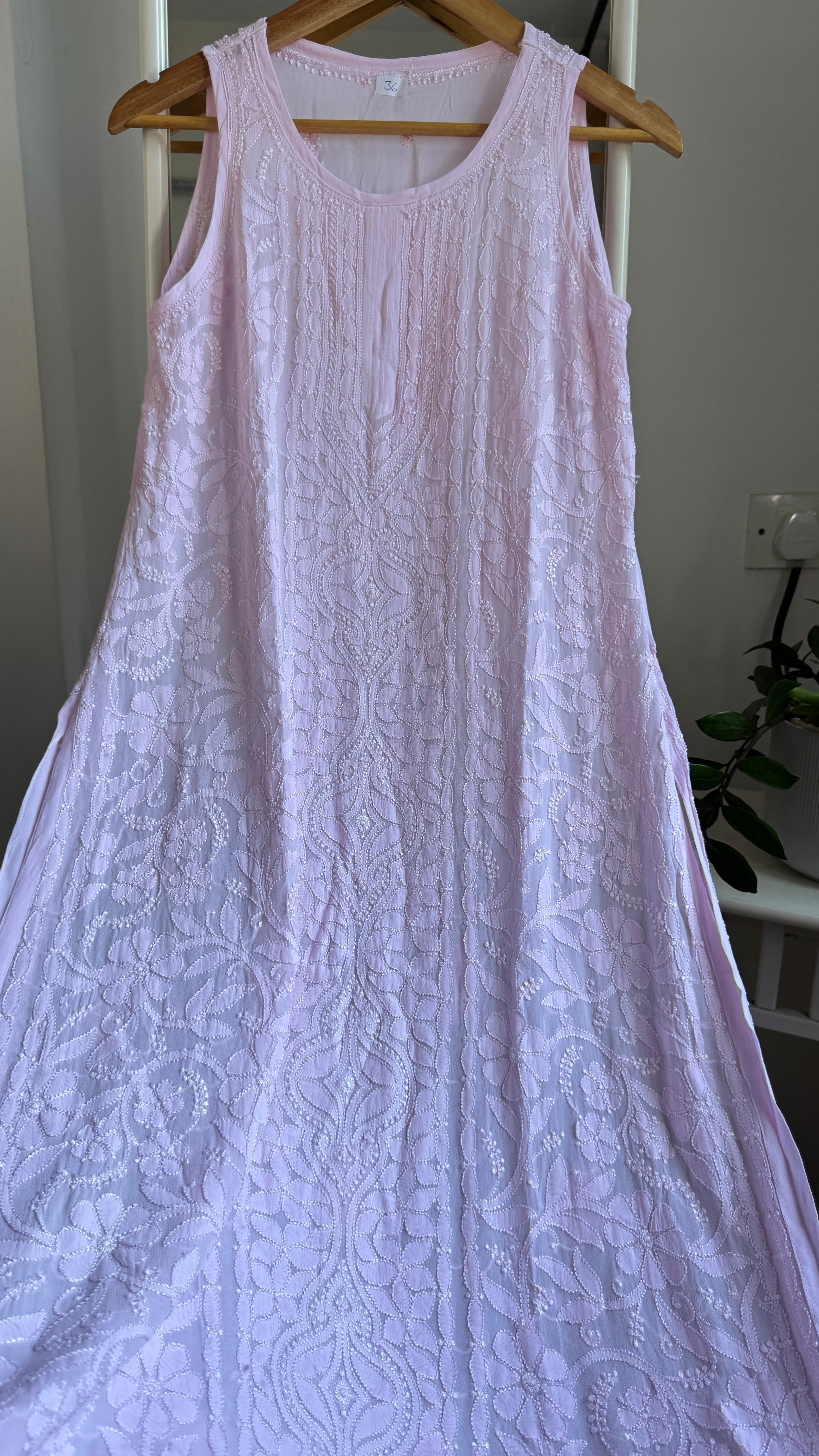 Long Full Jaal Sleeveless Chikankari Kurti - AriAA Chikankari - Rose Collection