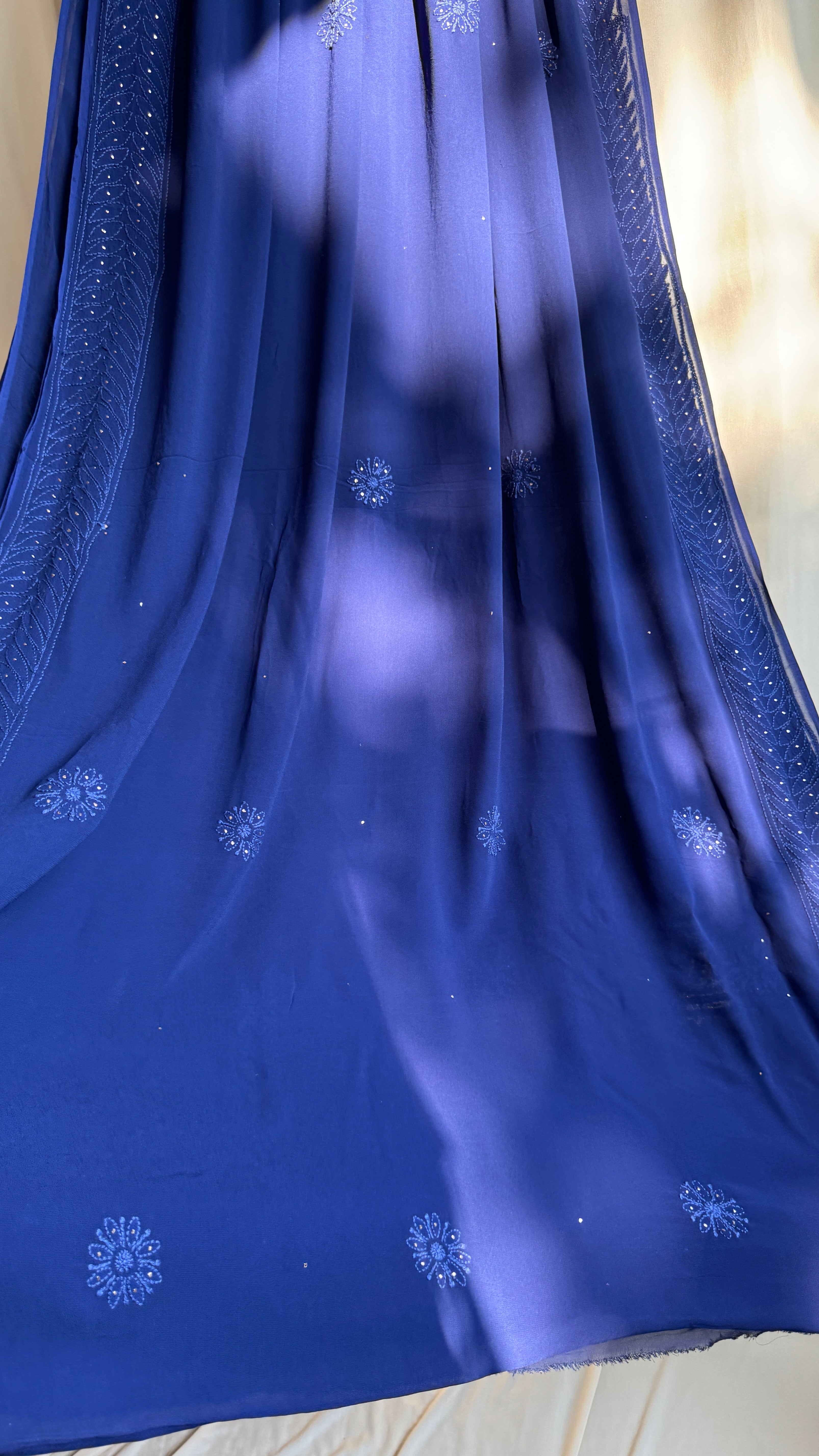 Viscose Dark Blue Chikankari saree with Mukaish Work