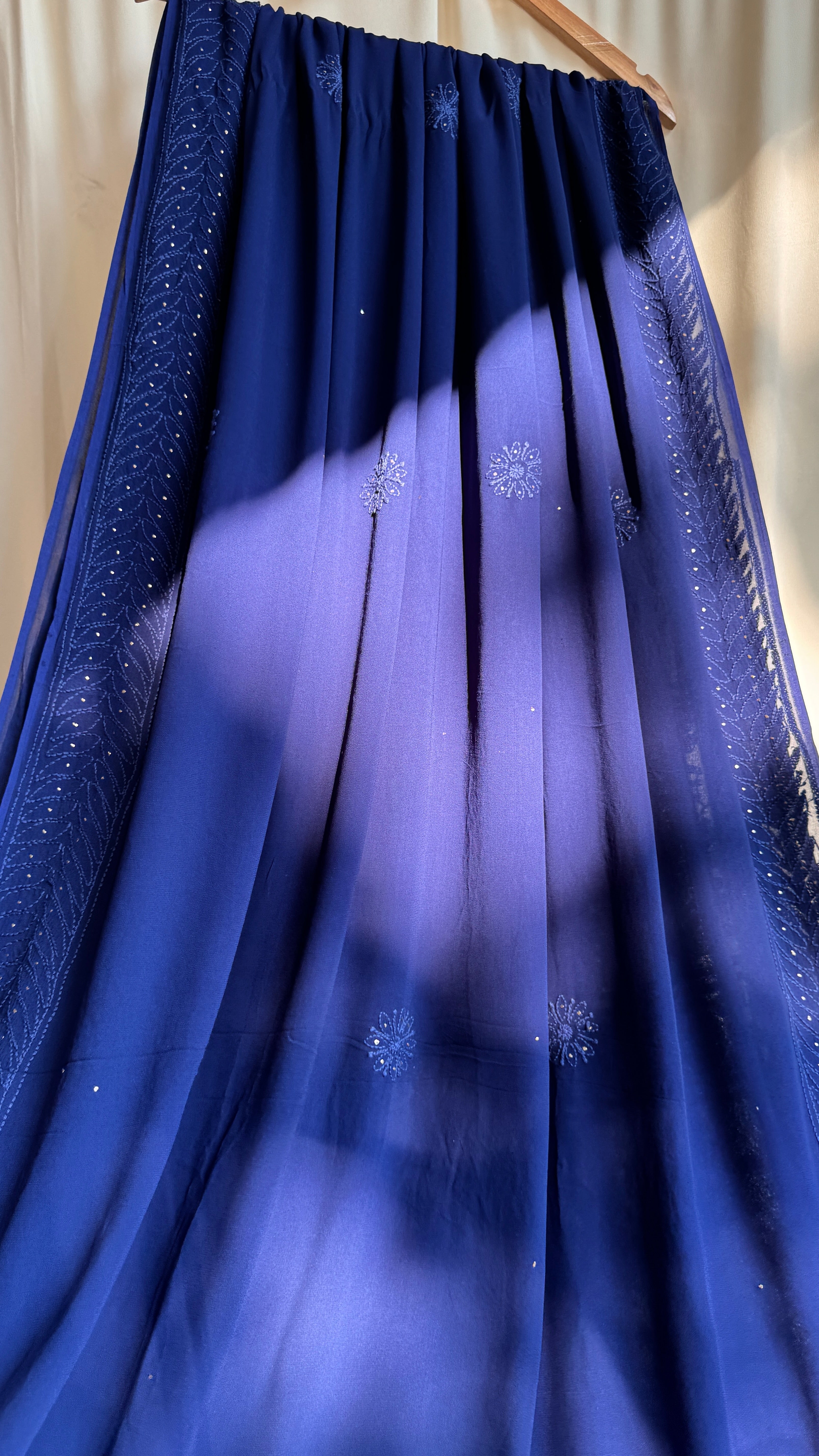 Viscose Dark Blue Chikankari saree with Mukaish Work