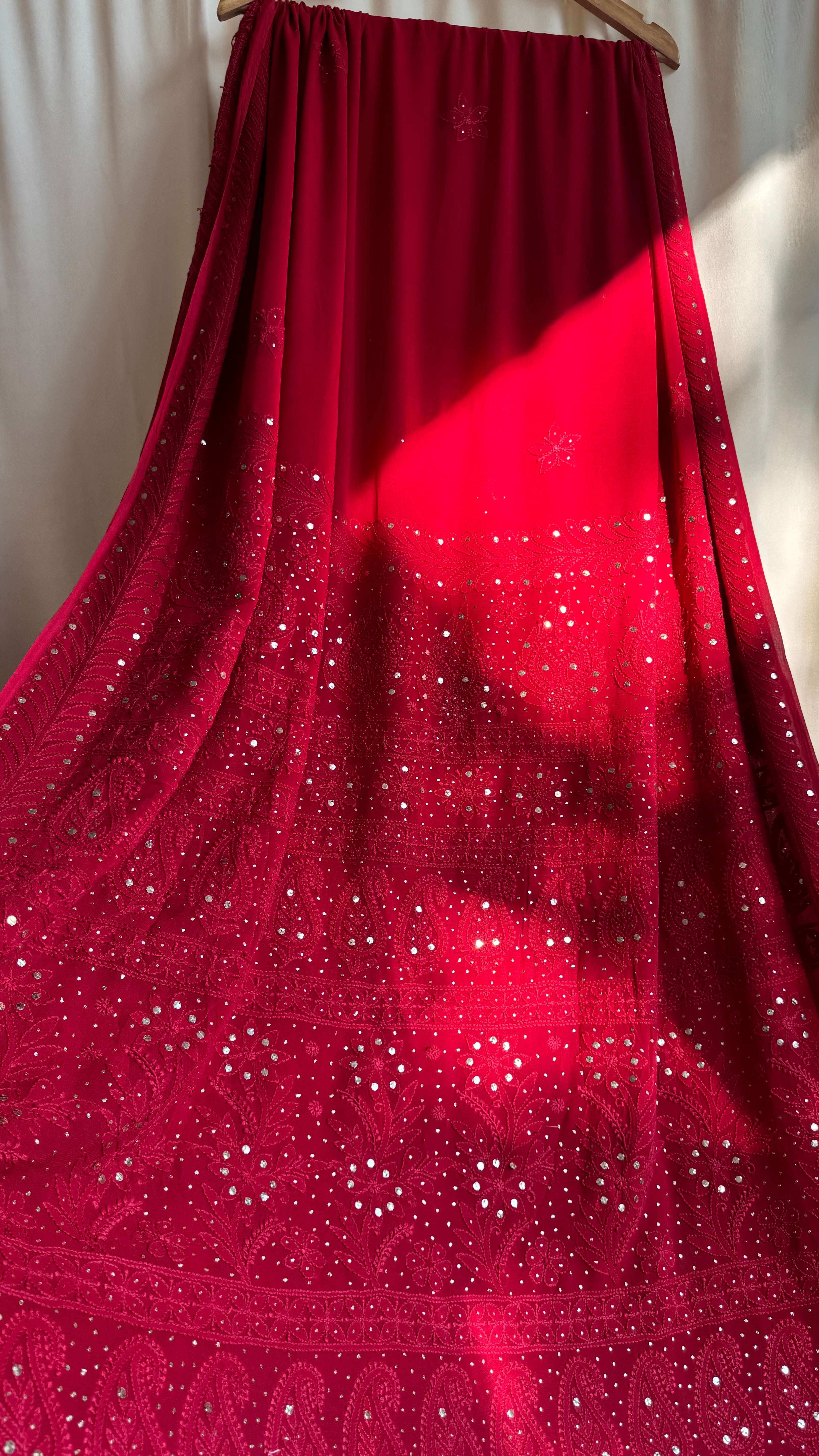 Viscose Red Chikankari saree with Mukaish Work