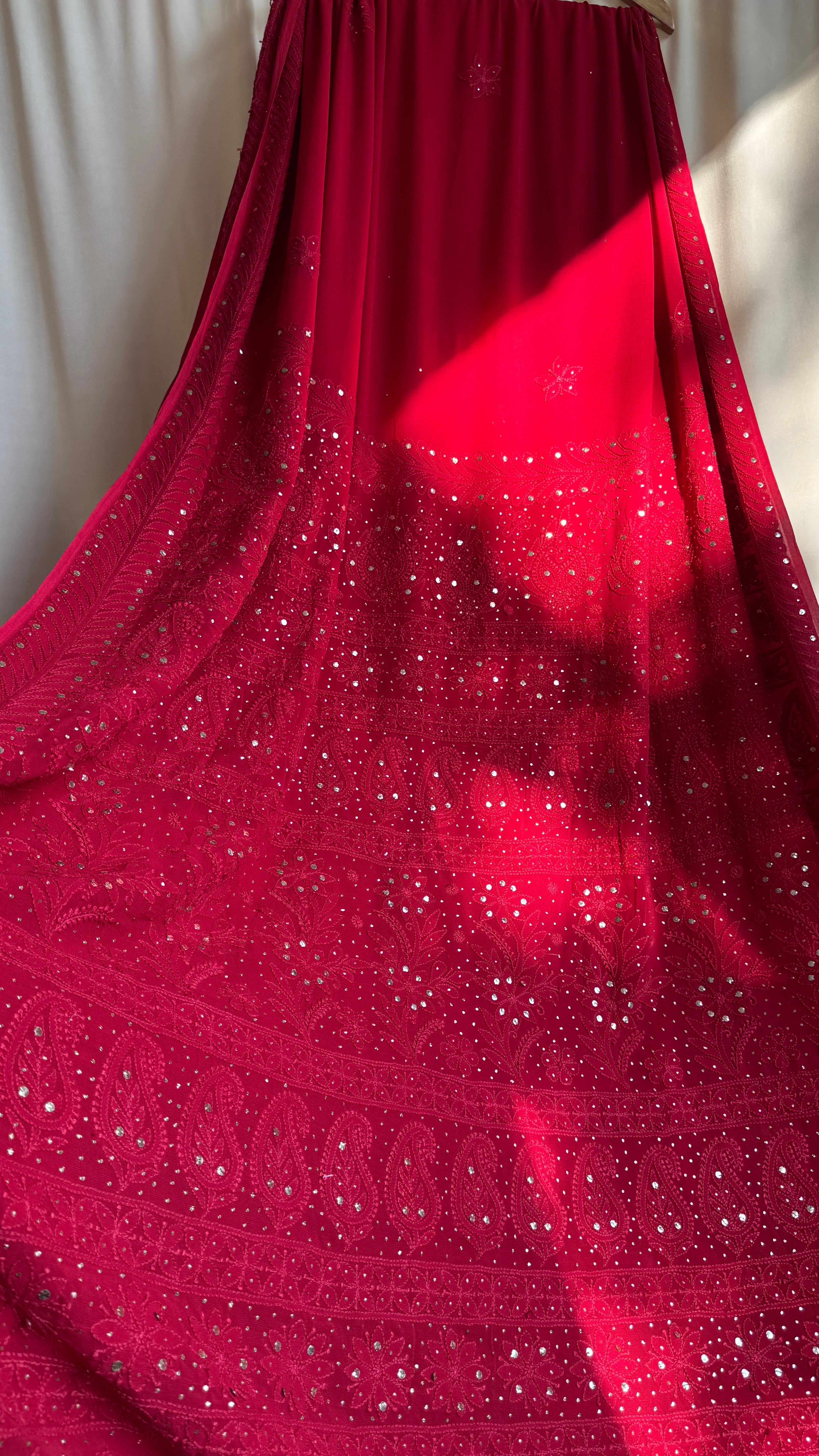 Viscose Red Chikankari saree with Mukaish Work