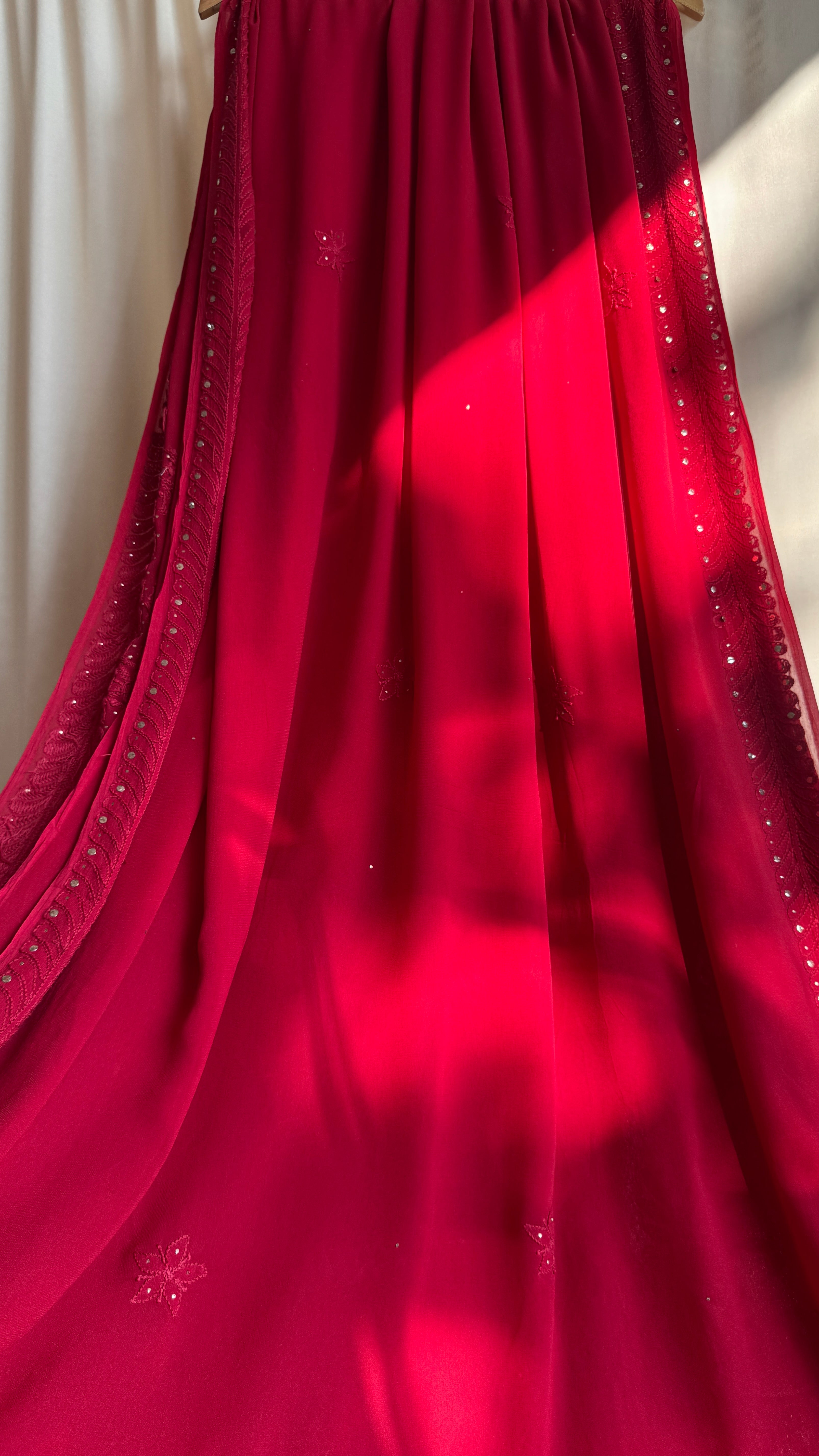 Viscose Red Chikankari saree with Mukaish Work