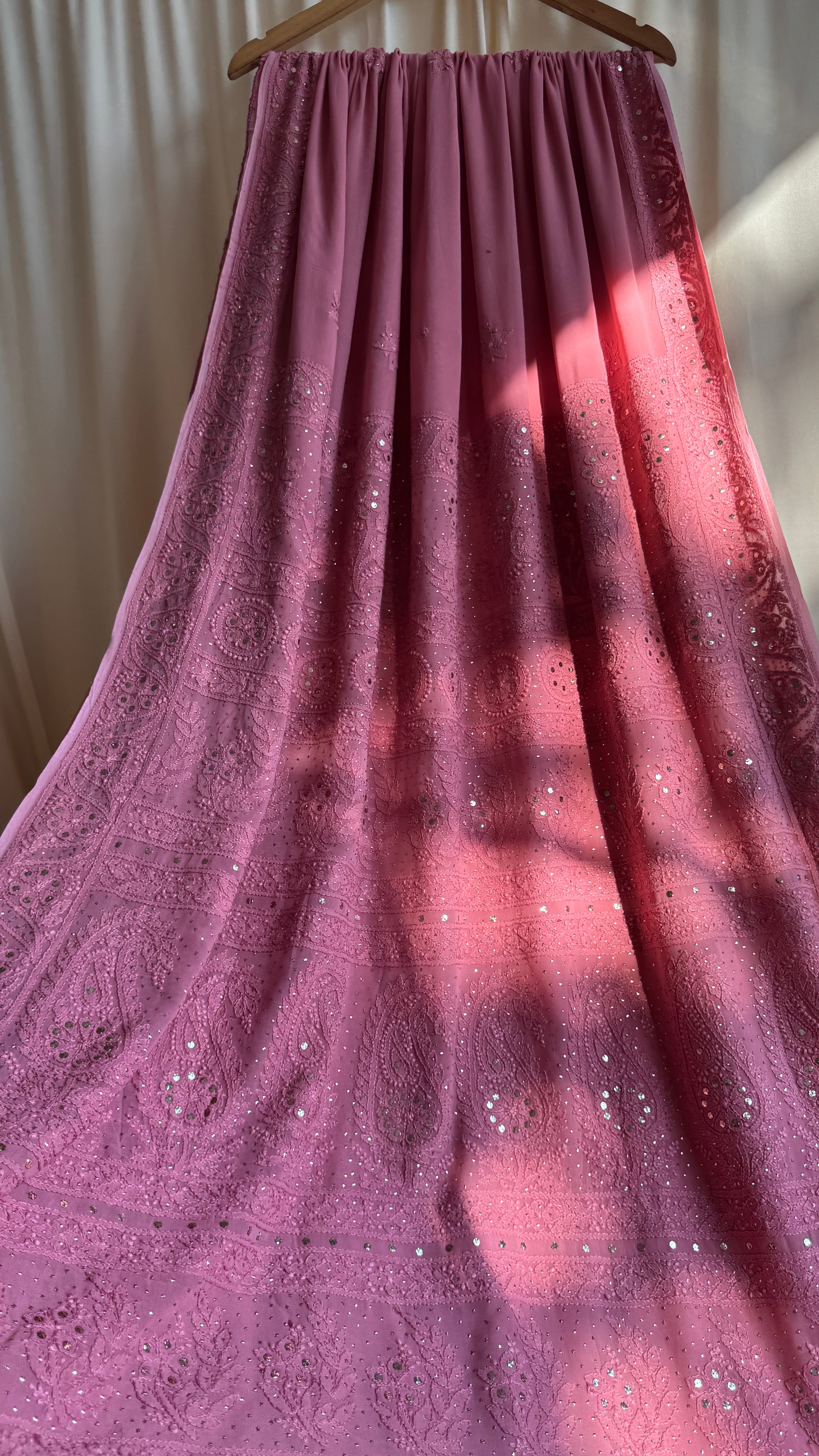 Viscose Rosewood Chikankari saree with Mukaish Work