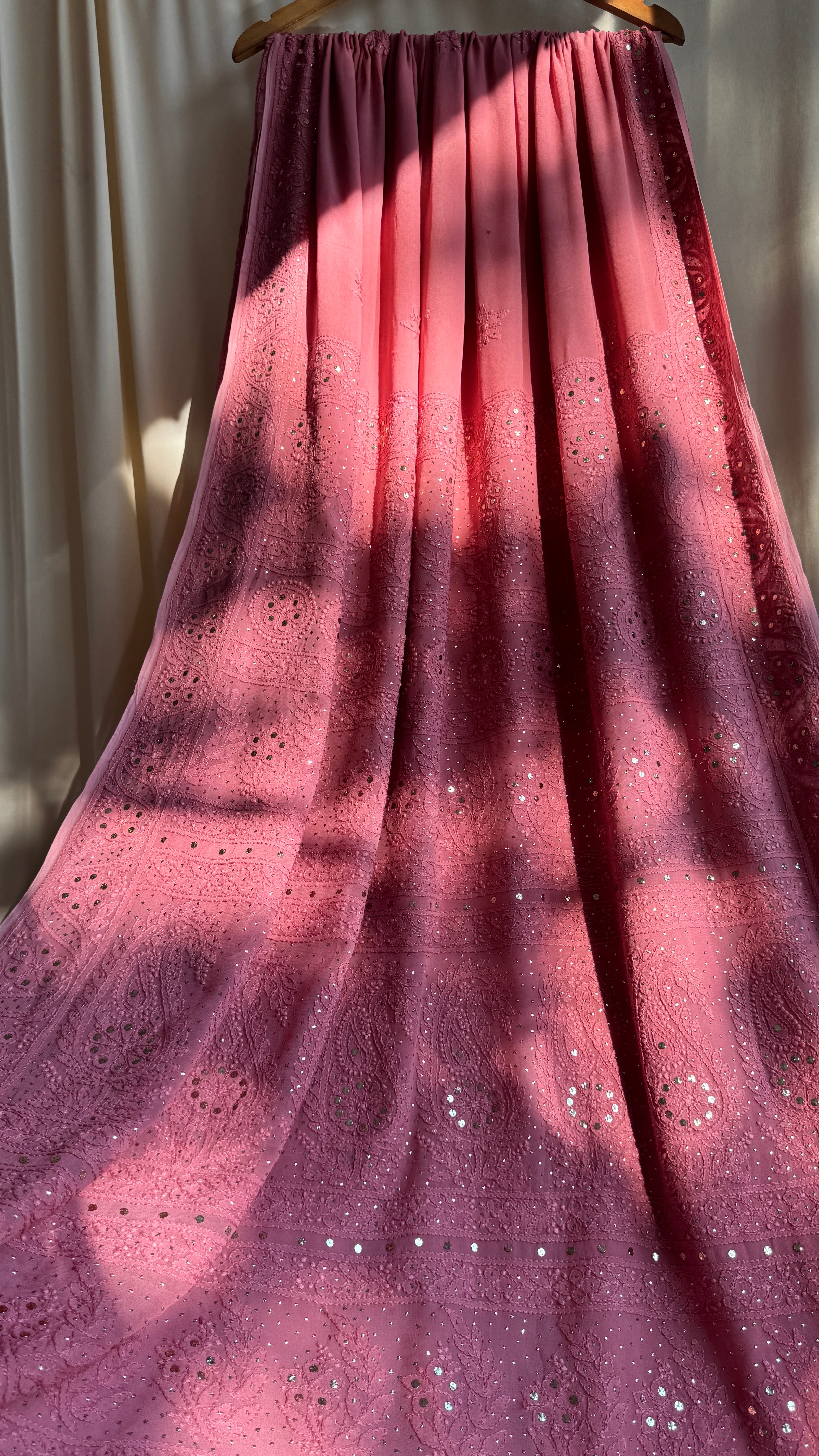 Viscose Rosewood Chikankari saree with Mukaish Work