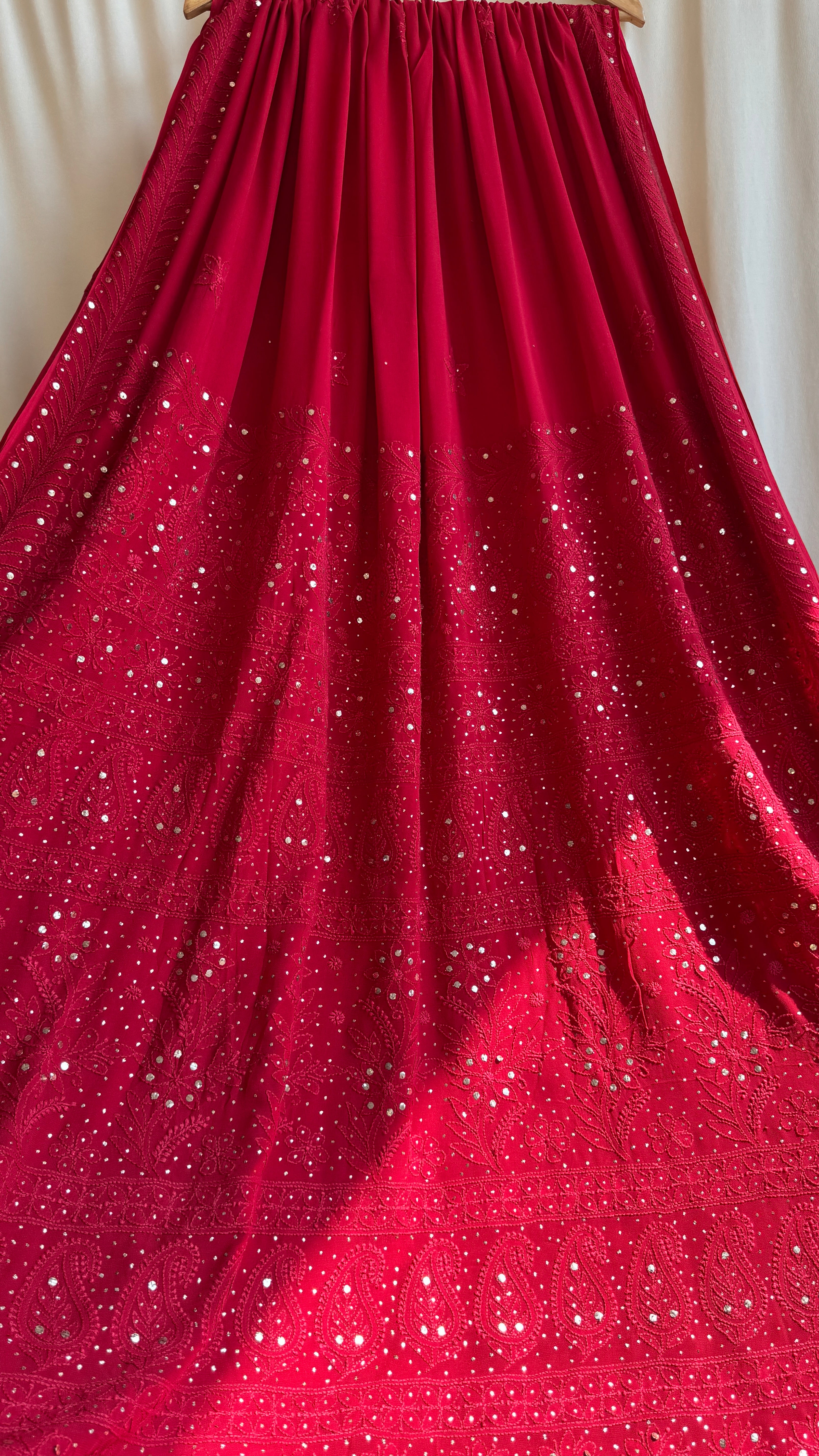 Viscose Red Chikankari saree with Mukaish Work