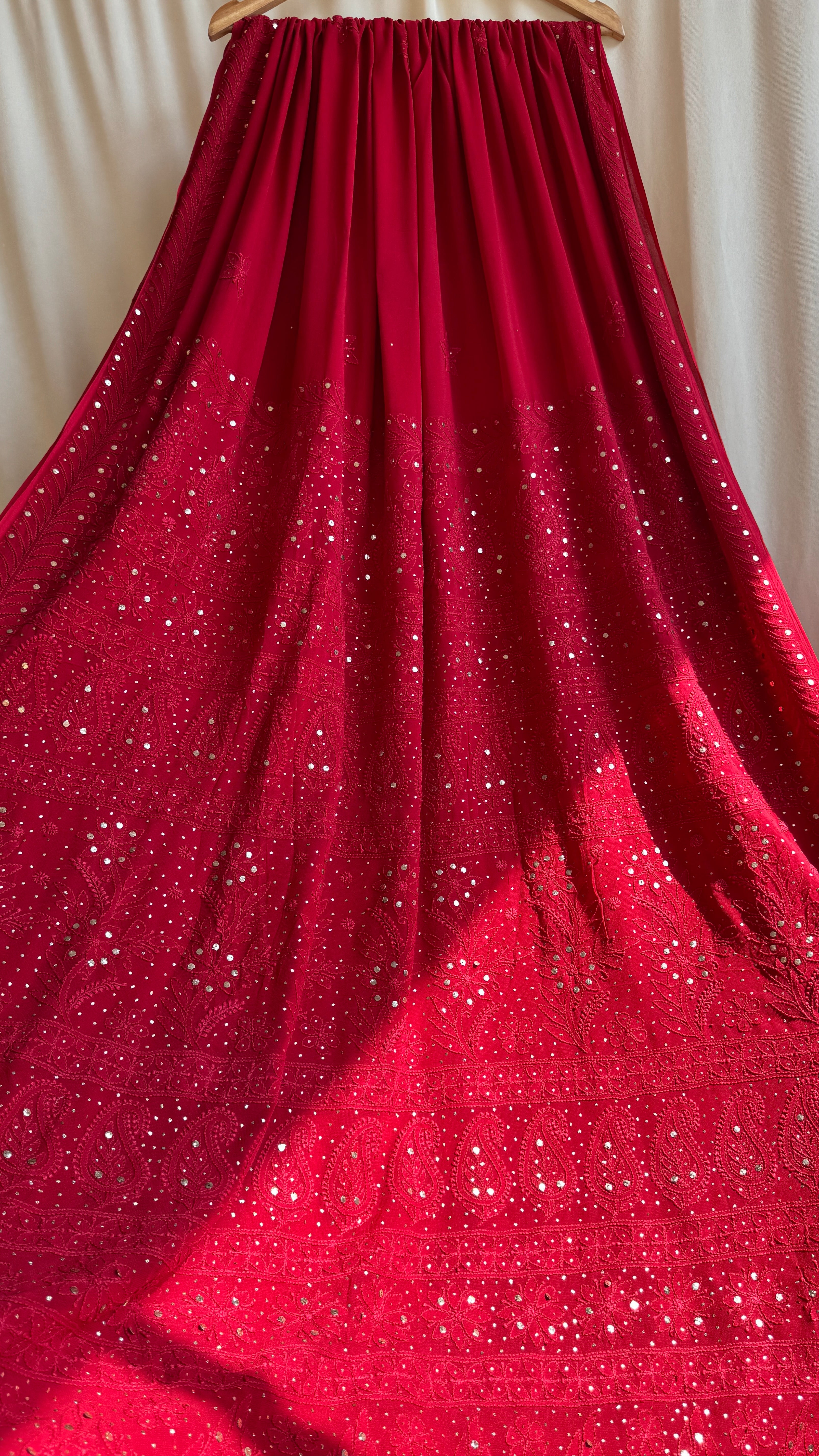 Viscose Red Chikankari saree with Mukaish Work
