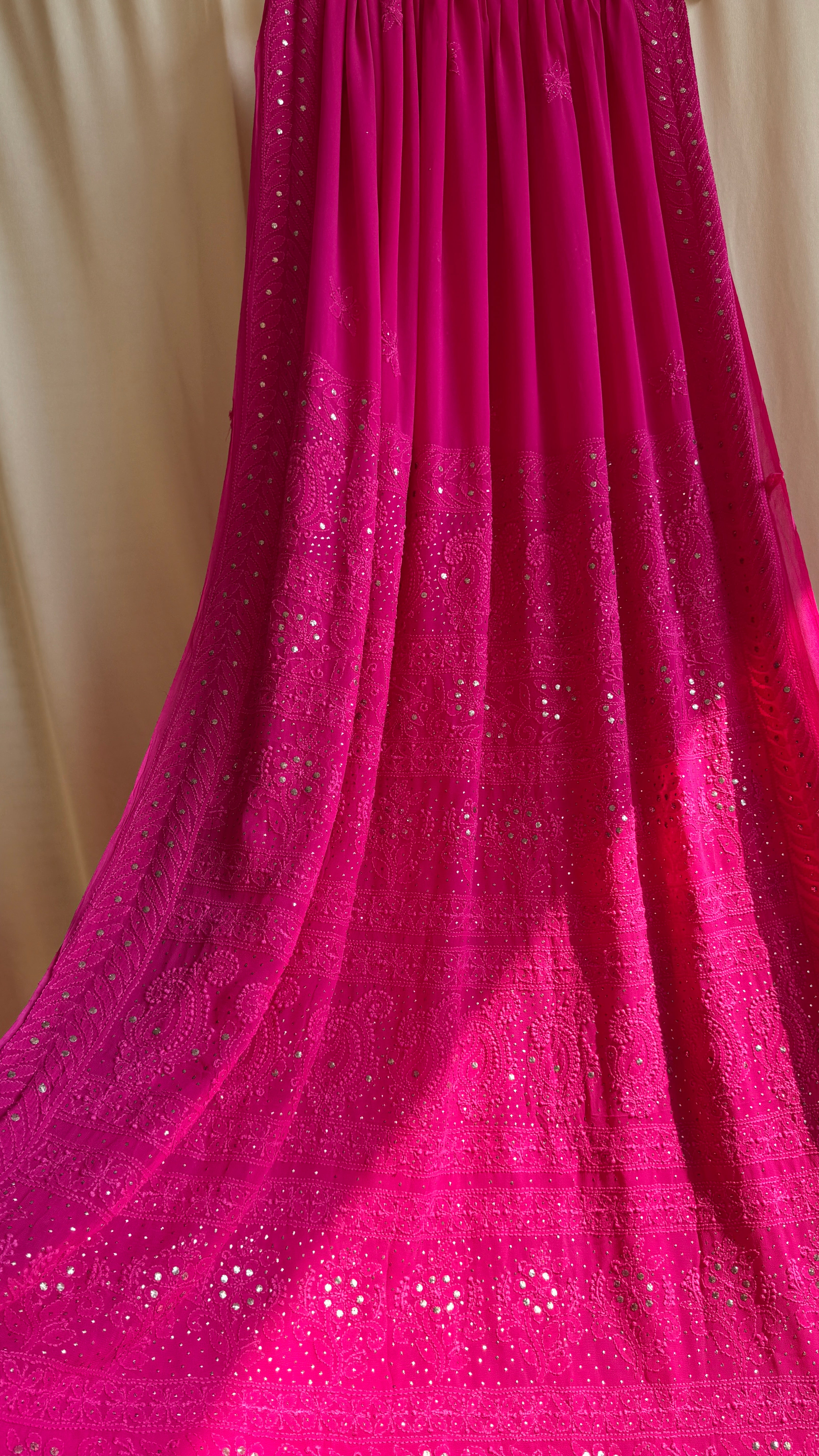 Viscose Hot Pink Chikankari saree with Mukaish Work