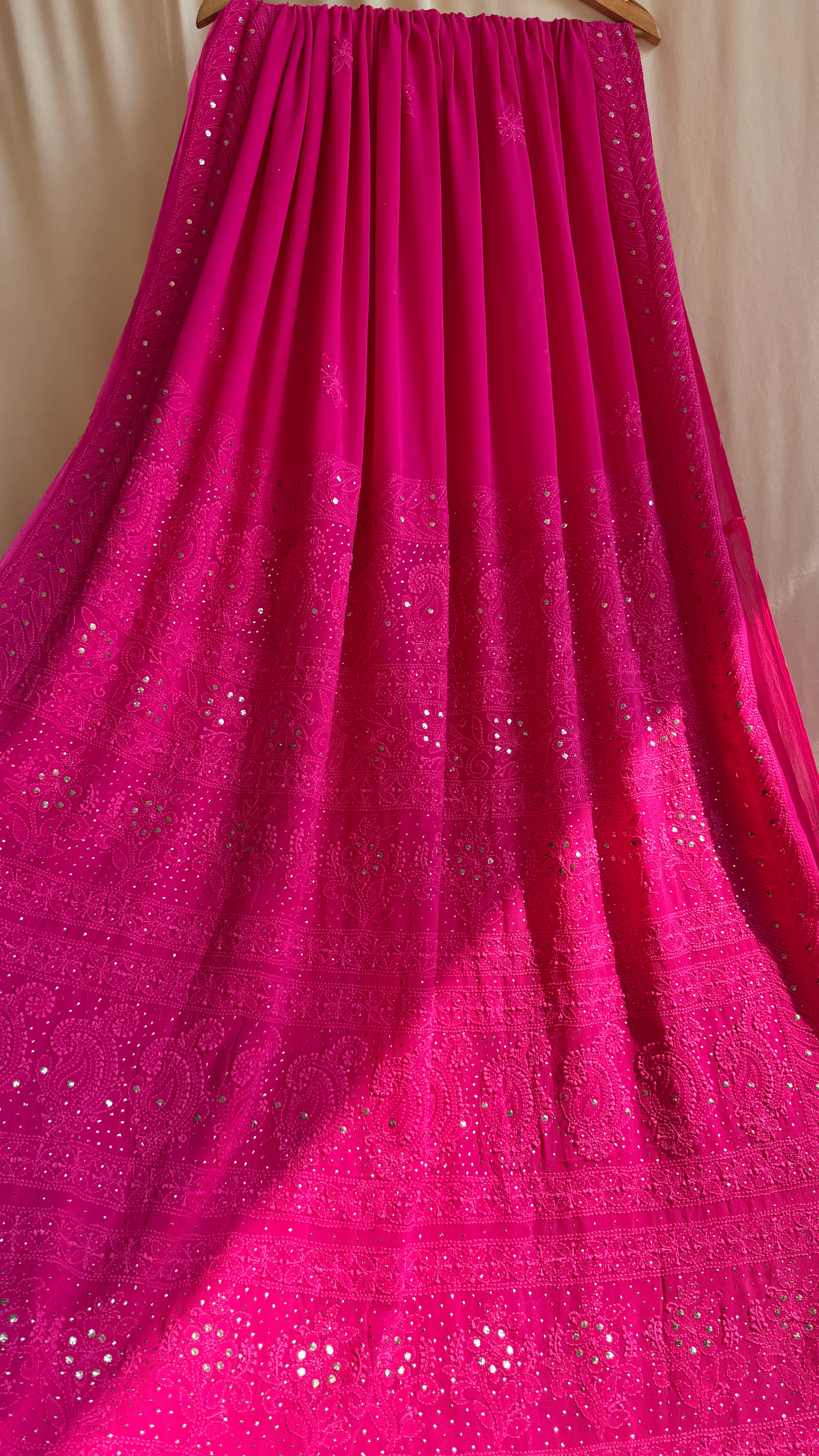 Viscose Hot Pink Chikankari saree with Mukaish Work