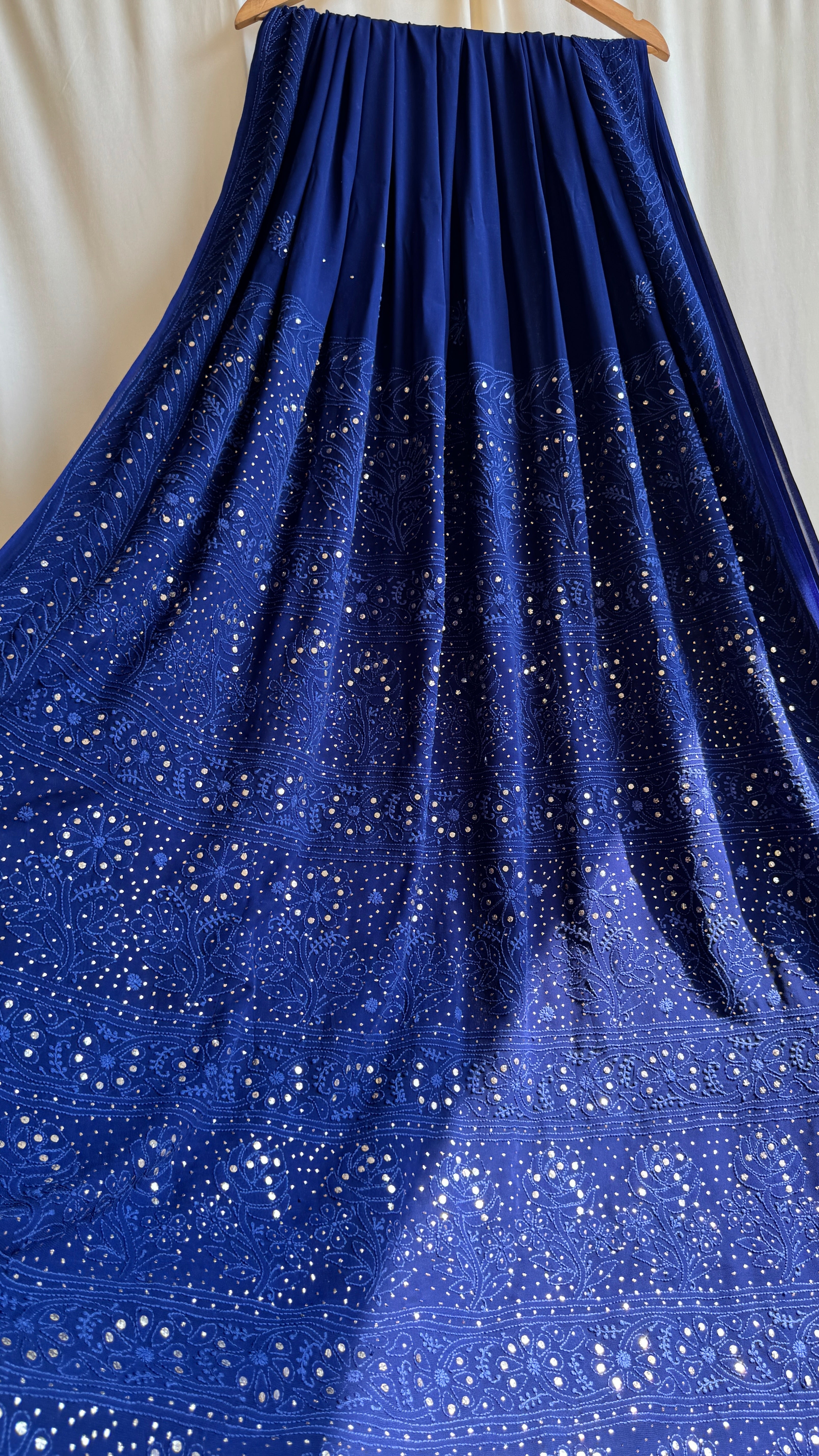 Viscose Dark Blue Chikankari saree with Mukaish Work