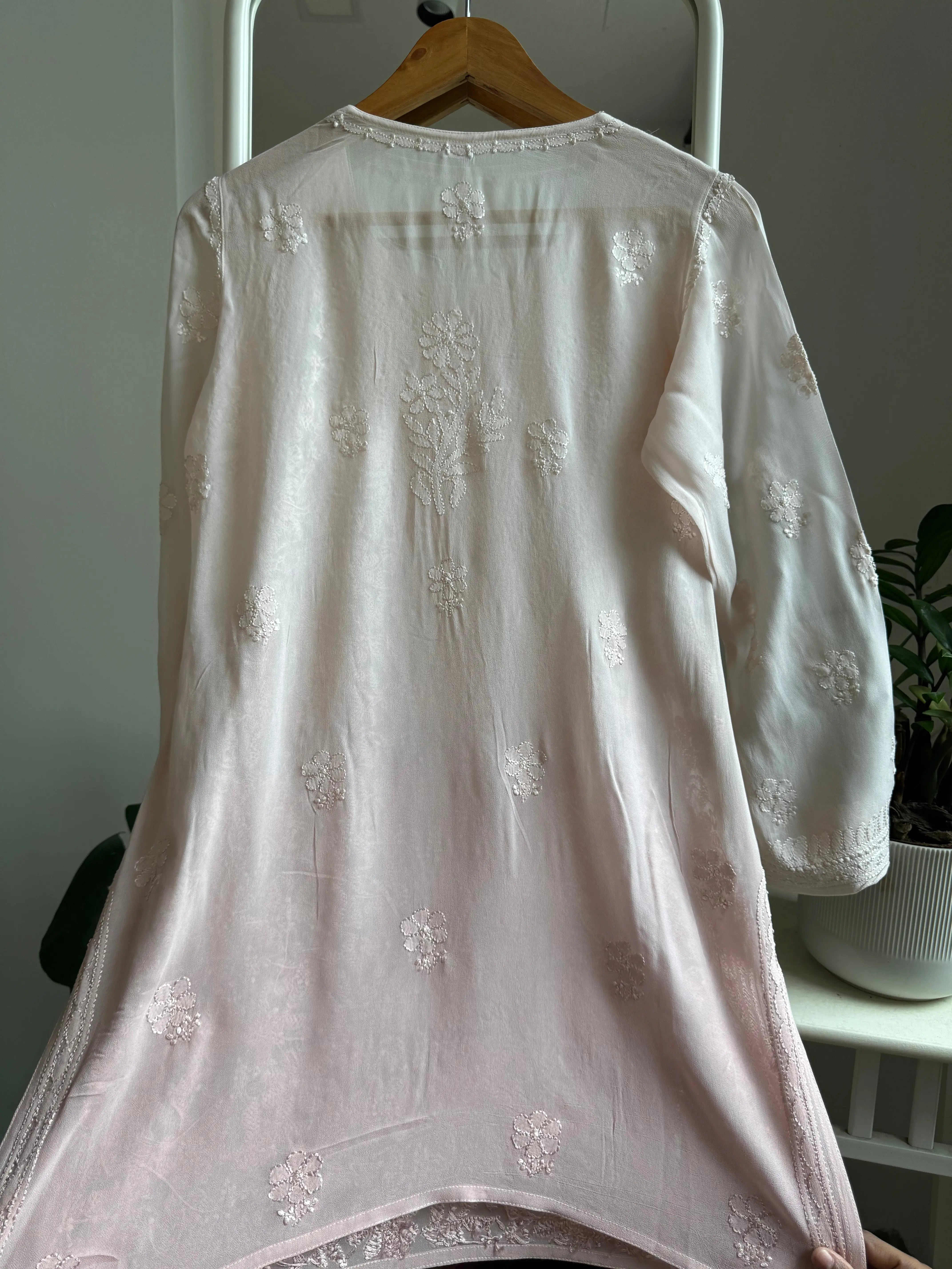 Chikankari Viscose Georgette short Top in Pale pink Ombre ARIAA CHIKANKARI