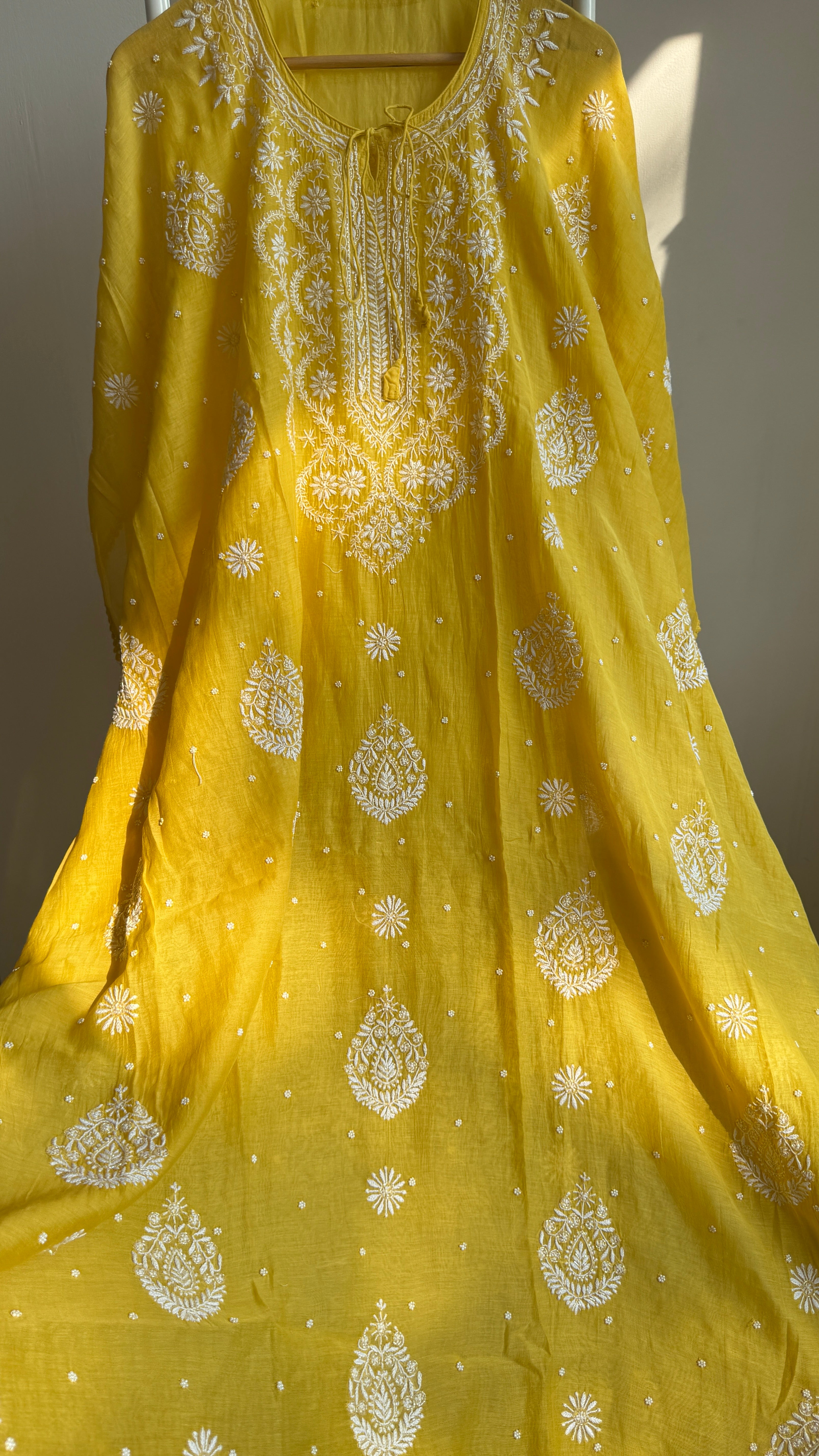 Mul Chanderi Chikankari Kaftan - Yellow