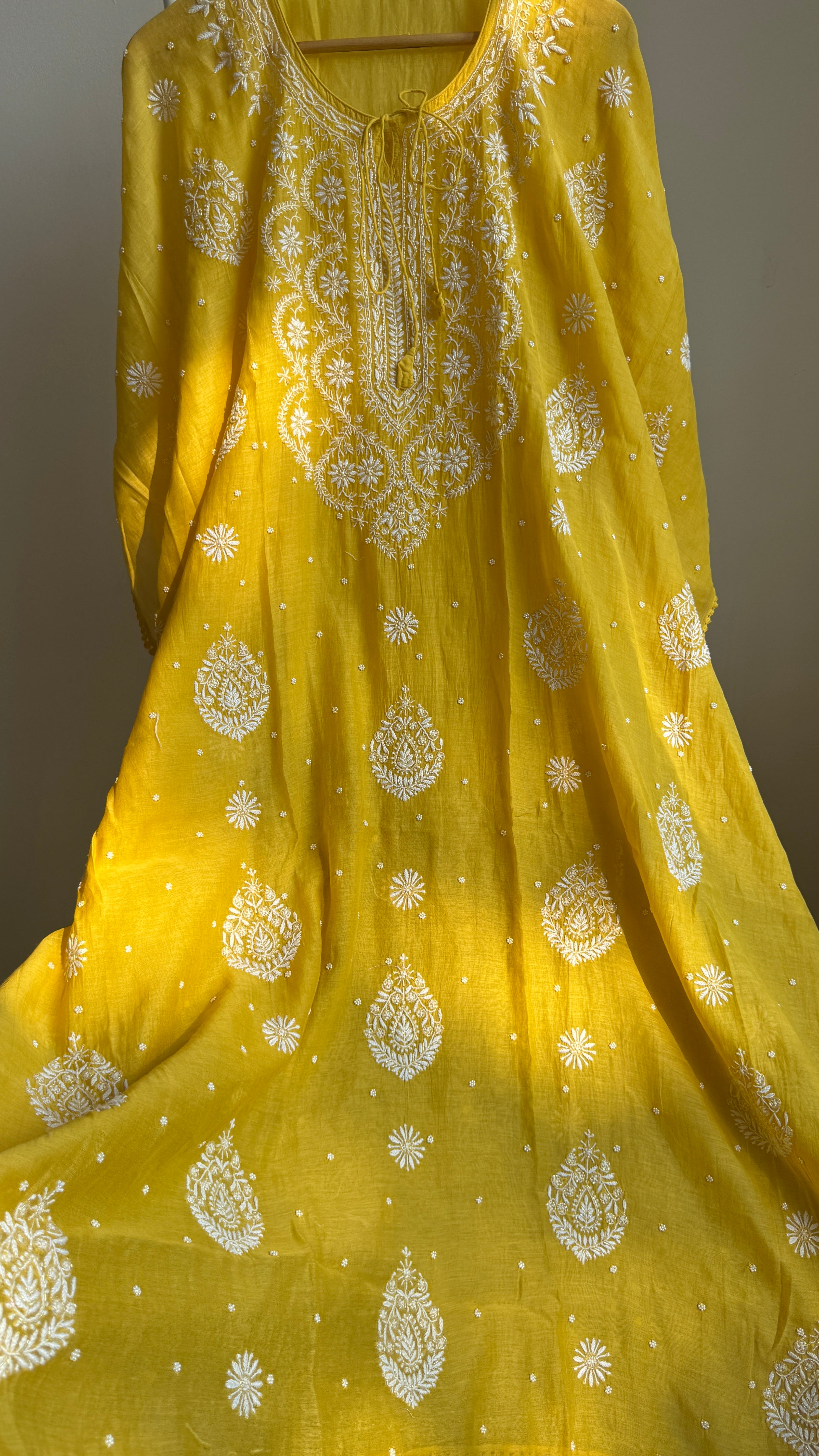 Mul Chanderi Chikankari Kaftan - Yellow