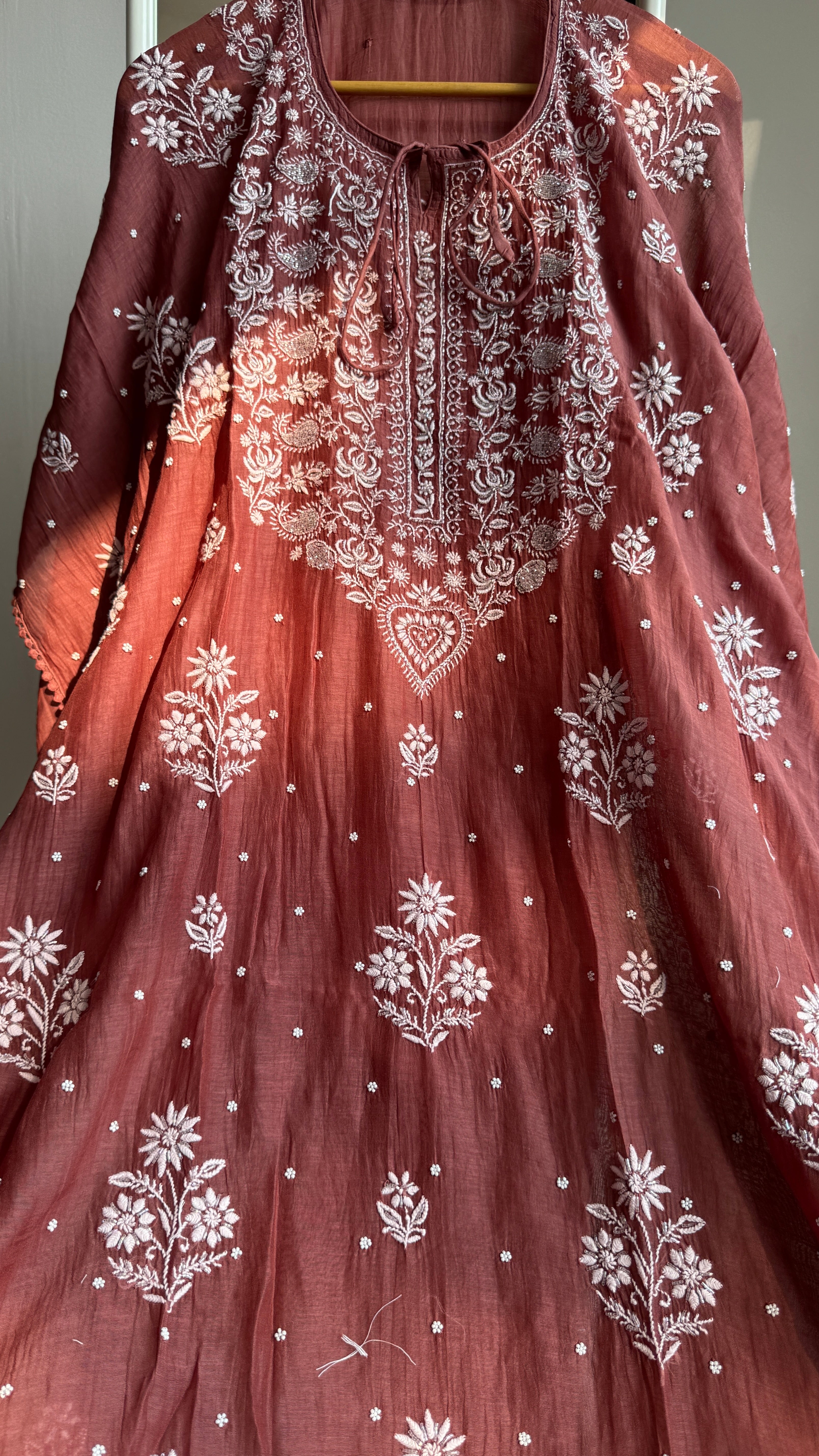 Mul Chanderi Chikankari Kaftan - Brown