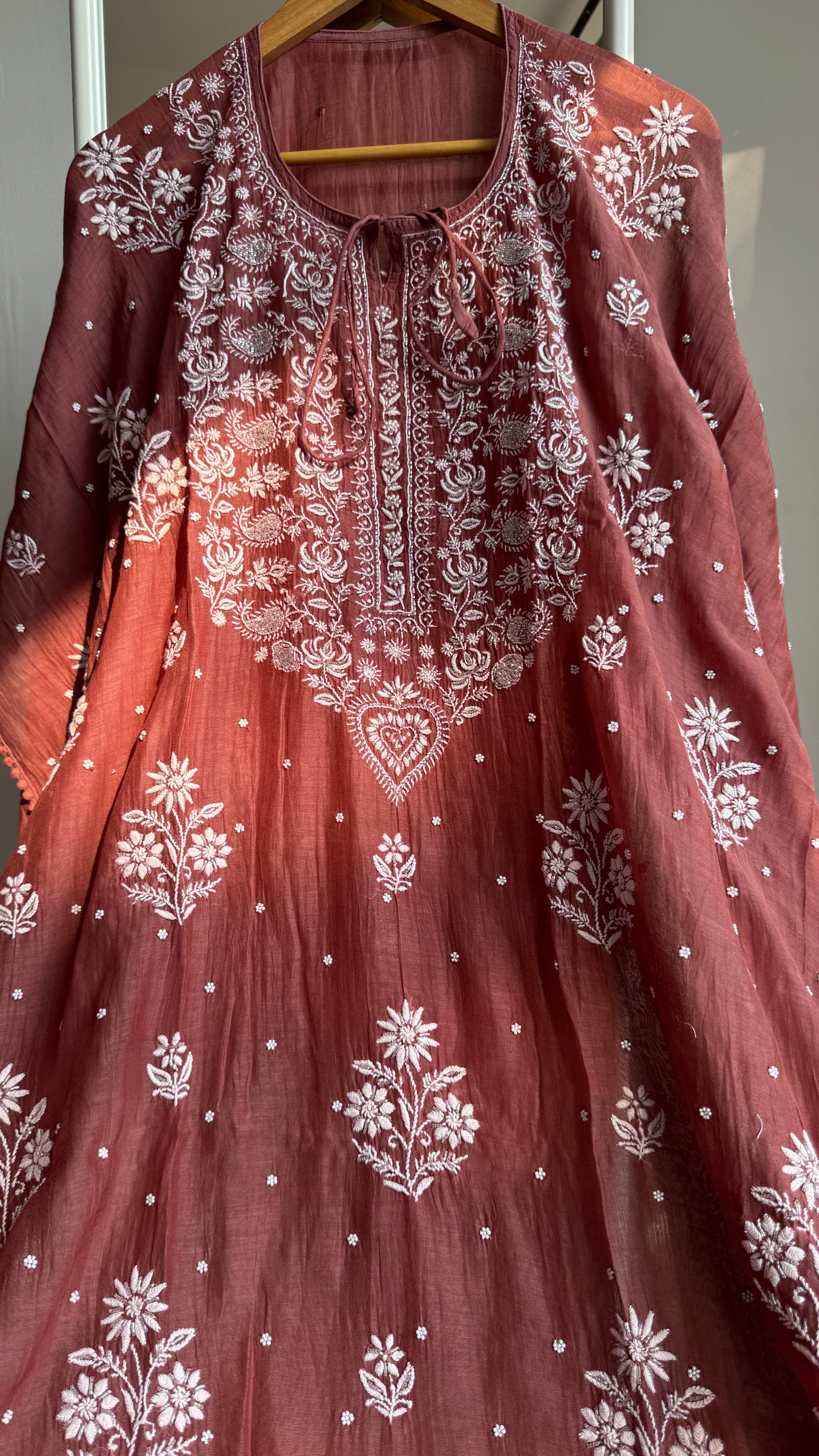 Mul Chanderi Chikankari Kaftan - Brown