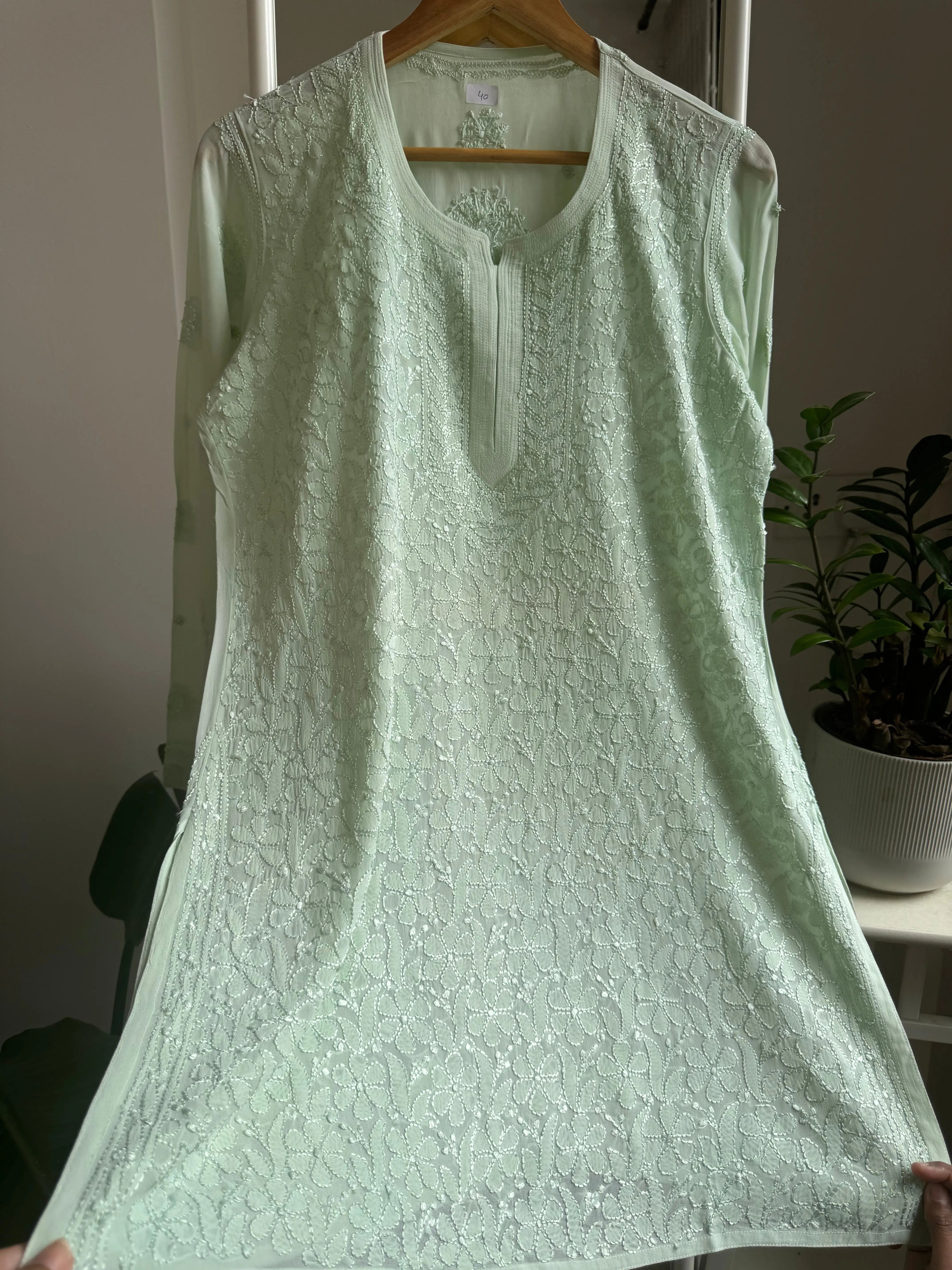Chikankari Viscose Georgette short Top in Light Green ARIAA CHIKANKARI