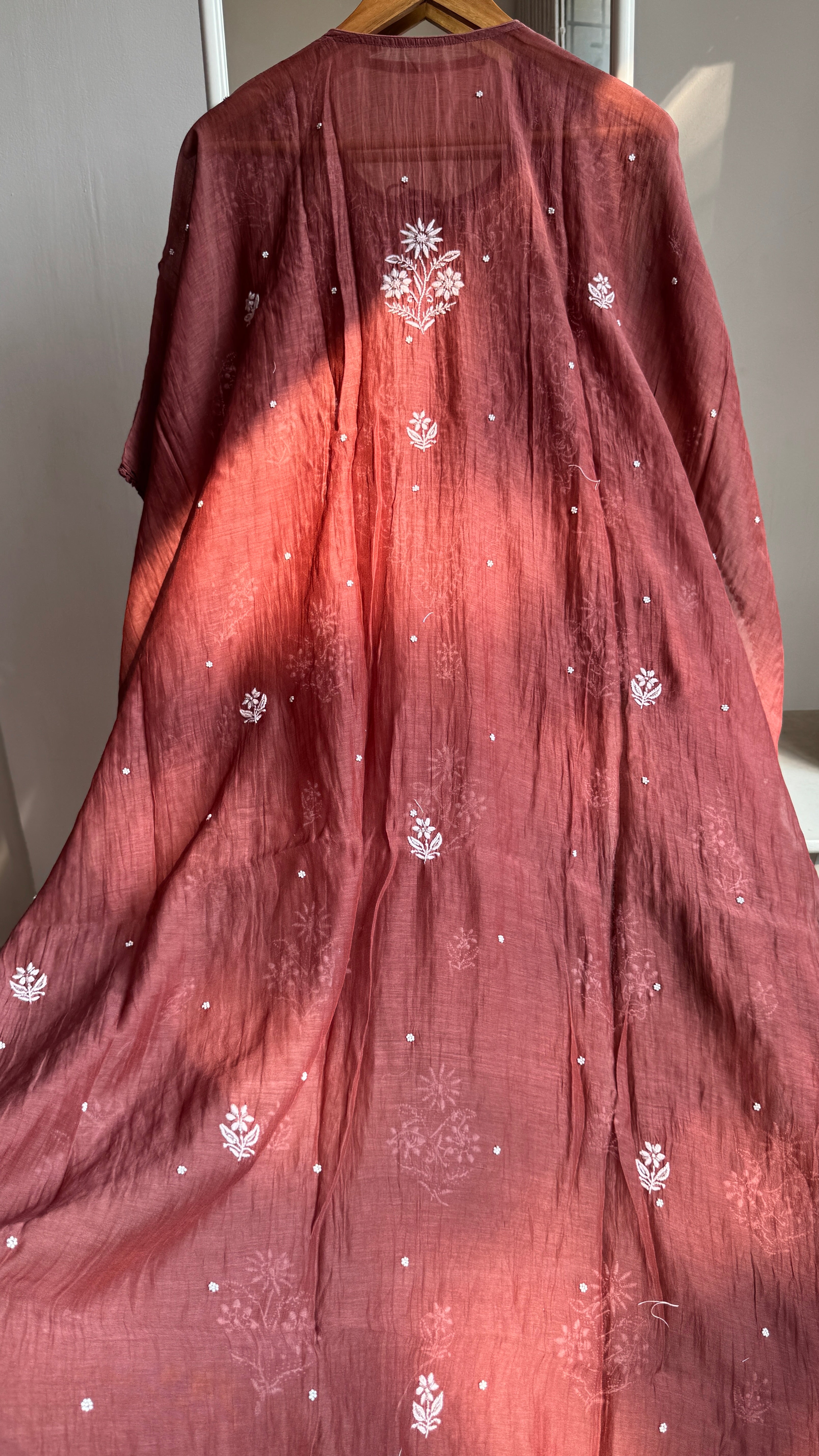 Mul Chanderi Chikankari Kaftan - Brown